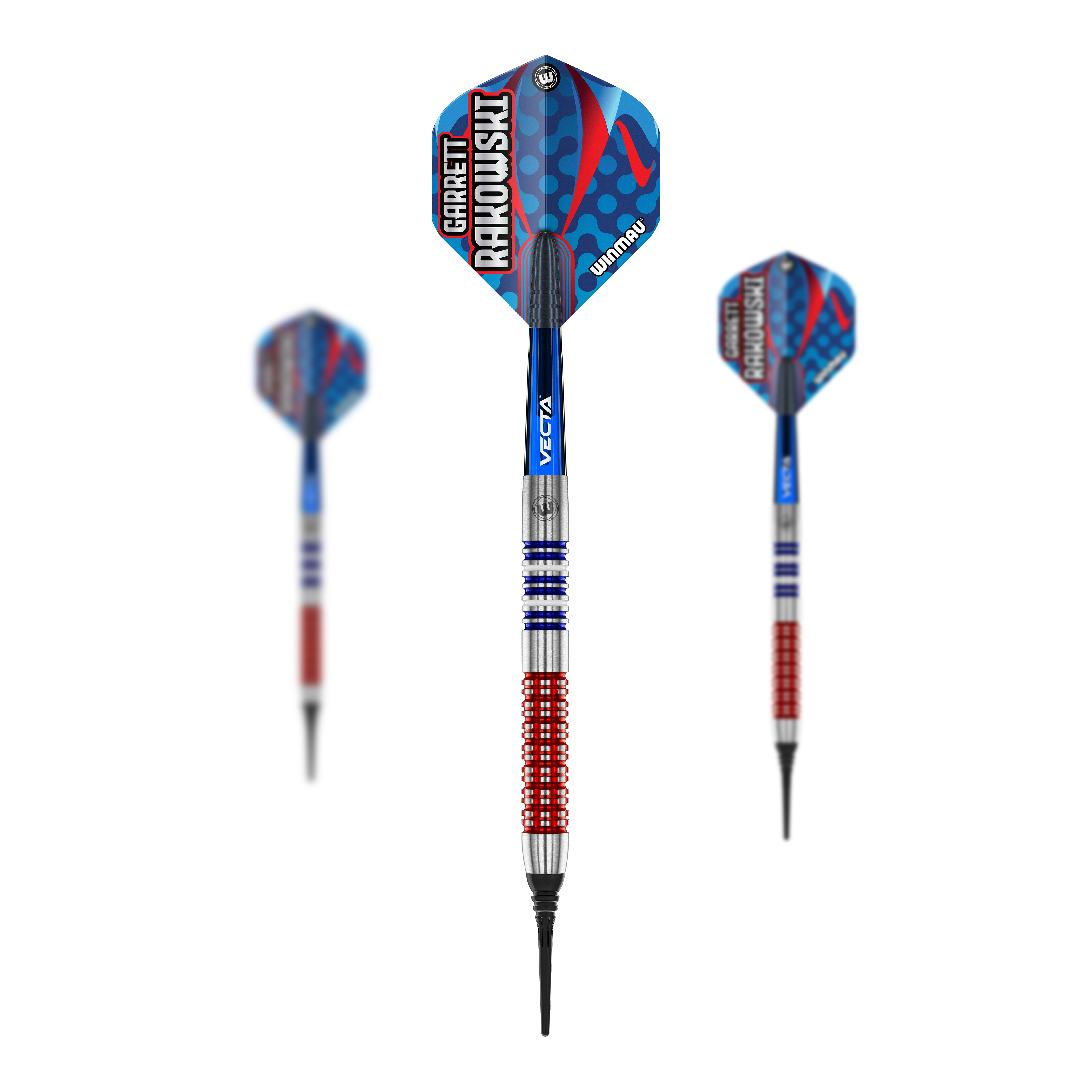 Winmau Garrett Rakowski Softdarts - 20g Das Bild zeigt drei Softdarts des Modells "Winmau Garrett Rakowski Softdarts - 20g". Die Darts haben ein auffälliges Design in Blau, Rot und Silber mit der Aufschrift "Garrett Rakowski" auf den Flights.