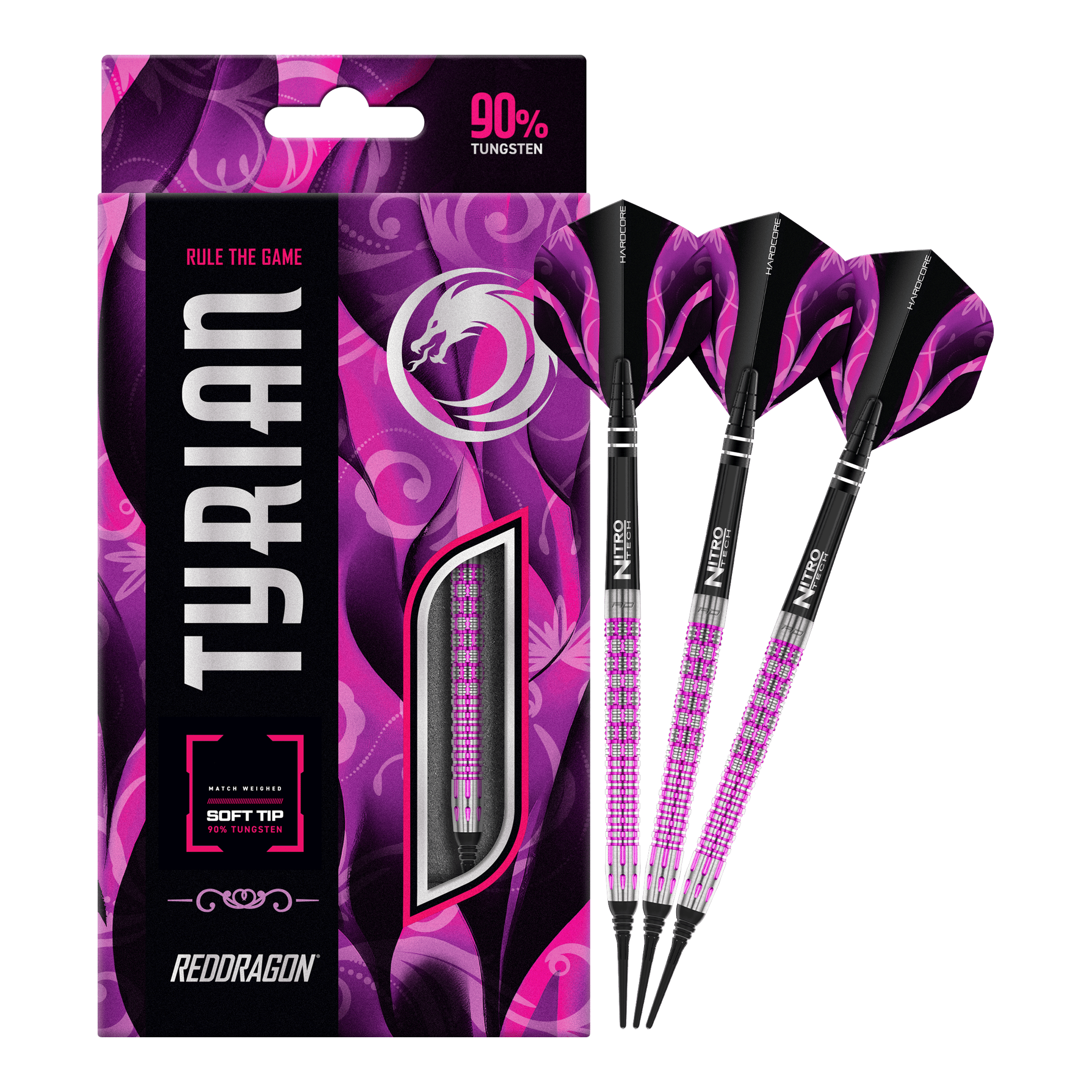 Red Dragon Tyrian Softdarts - 22g Das Bild zeigt die Red Dragon Tyrian Softdarts - 22g mit einem auffälligen pink-schwarzen Design. Die Darts bestehen zu 90% aus Tungsten und werden in einer passenden Verpackung präsentiert.