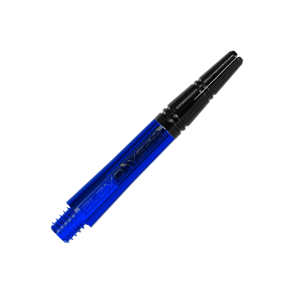 Harrows Alamo VS2 Shafts - Blau Das Bild zeigt einen blauen Dart-Schaft mit schwarzem oberen Ende. Auf dem Schaft steht der Schriftzug "ALAMO VS2".