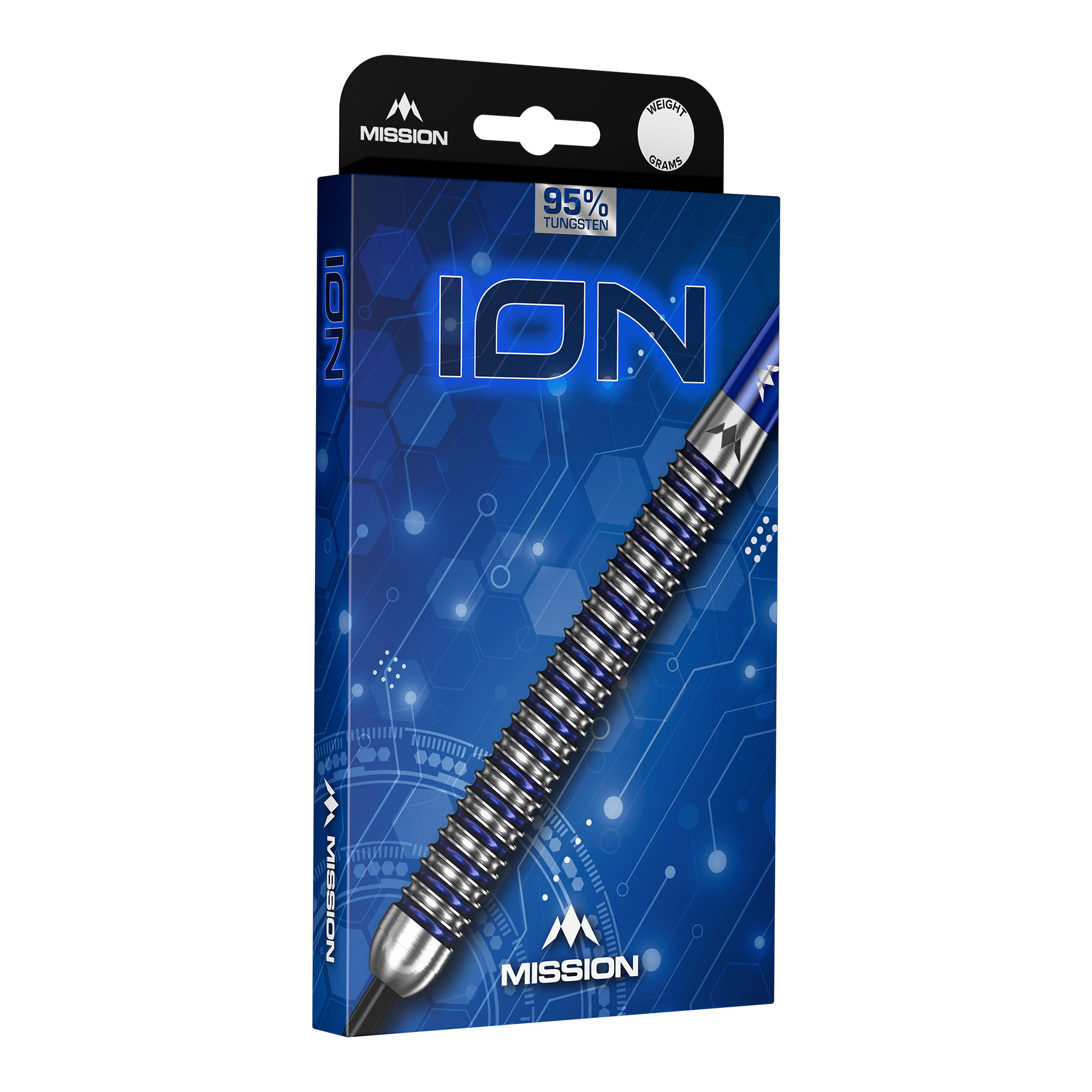 Mission ION Blue Silver Steeldarts Mission ION Blue Silver Steeldarts sind auf diesem Bild zu sehen. Das Produkt zeichnet sich durch seine blaue und silberne Farbgebung aus.
