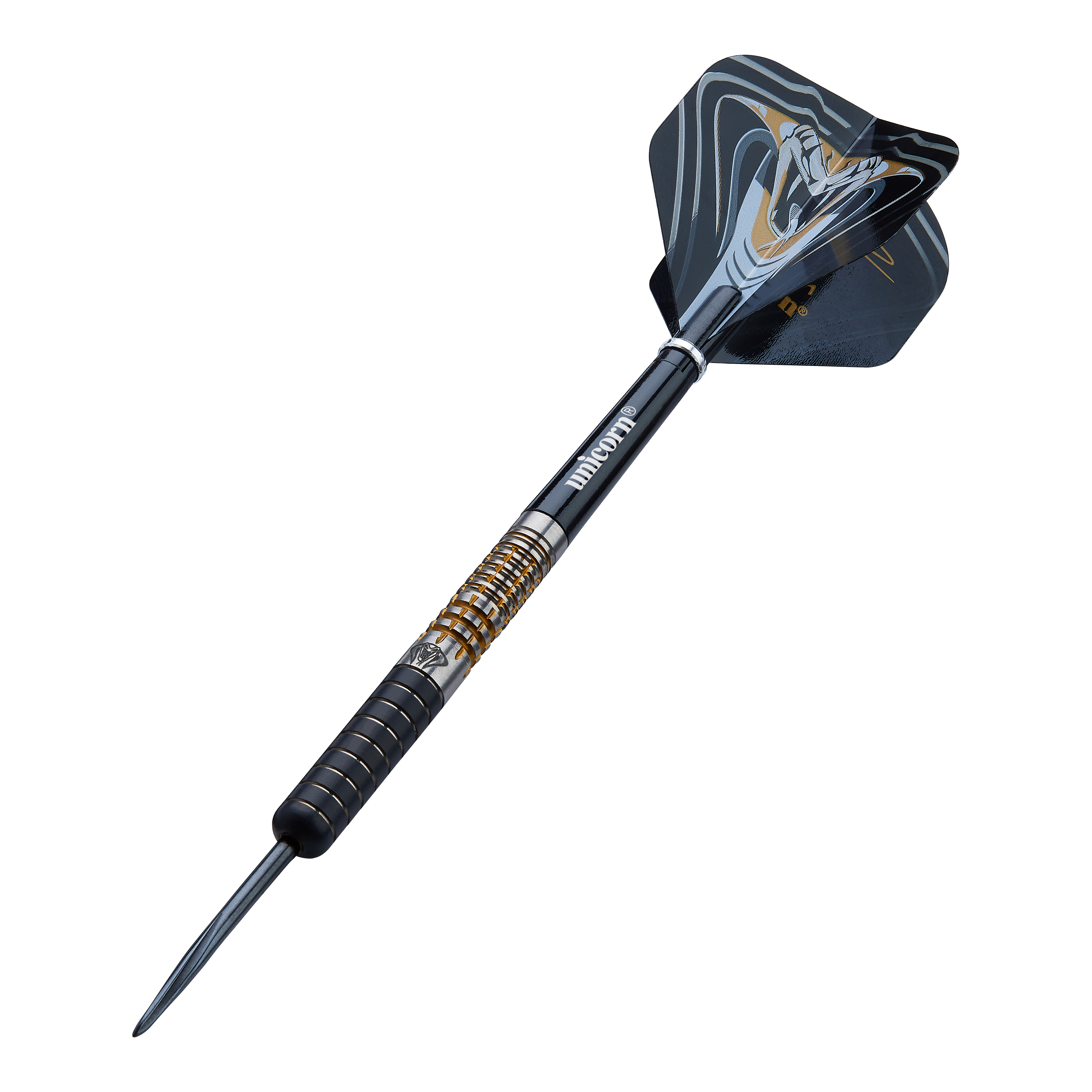 Unicorn Maestro Jeffrey De Zwaan Phase 3 Steeldarts Das Bild zeigt einen Unicorn Maestro Jeffrey De Zwaan Phase 3 Steeldart. Der Dart hat ein schwarzes und silbernes Design mit goldenen Akzenten und einer auffälligen Flights-Grafik.