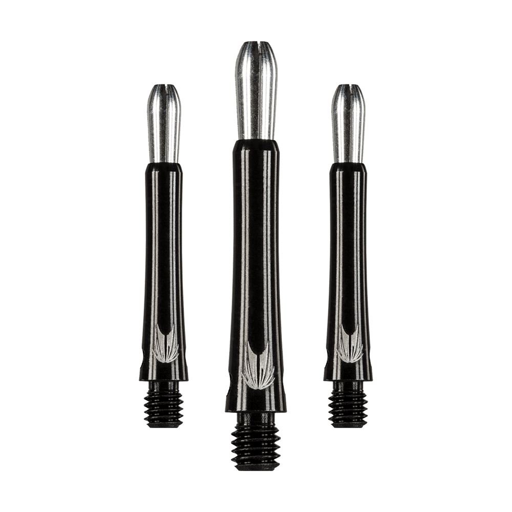 Das Bild zeigt drei schwarze Aluminium-Dartschäfte mit silbernen Spitzen. Die Schäfte haben ein schlichtes, glänzendes Design mit eingraviertem Muster am unteren Ende.