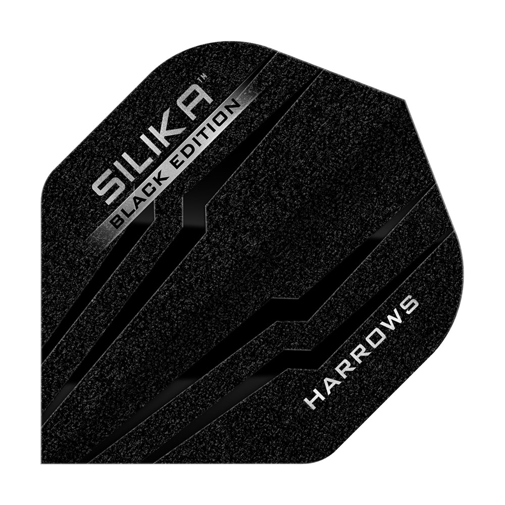Harrows Silika Black-Edition No2 Standard Flights Das Bild zeigt das Produkt "Harrows Silika Black-Edition No2 Standard Flights". Das Flight ist schwarz mit silbernen Akzenten und markanten Schriftzügen.