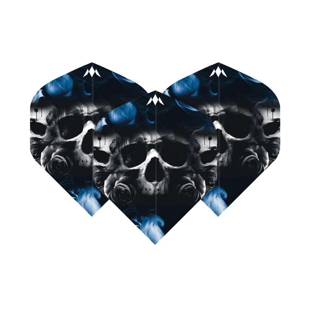 Mission Solo Shaun McDonald No2 Standard Flights Das Bild zeigt drei Dartflights mit einem Totenkopf und blauen Raucheffekten als Motiv. Die Flights sind das Produkt "Mission Solo Shaun McDonald No2 Standard Flights".