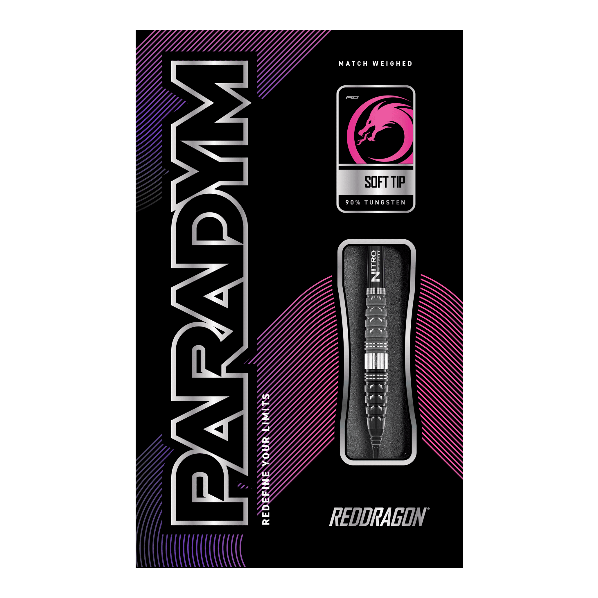 Red Dragon Paradym Torpedo Softdarts - 20g Das Bild zeigt die Verpackung der Red Dragon Paradym Torpedo Softdarts mit einem Gewicht von 20g. Auf der Verpackung sind ein Dartpfeil, das Red Dragon Logo und moderne Designelemente in Schwarz, Pink und Lila zu sehen.
