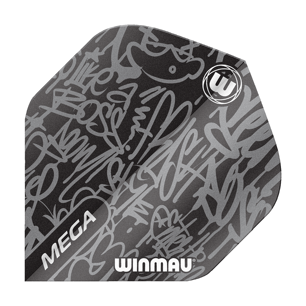 6900-244_Winmau_Mega_Black_Standard_Flights_1 Das Bild zeigt das Produkt "Winmau Mega Black Standard Flights". Die Flight-Fläche ist schwarz mit silbernen, grafischen Mustern und trägt die Aufschriften "MEGA" und "WINMAU".