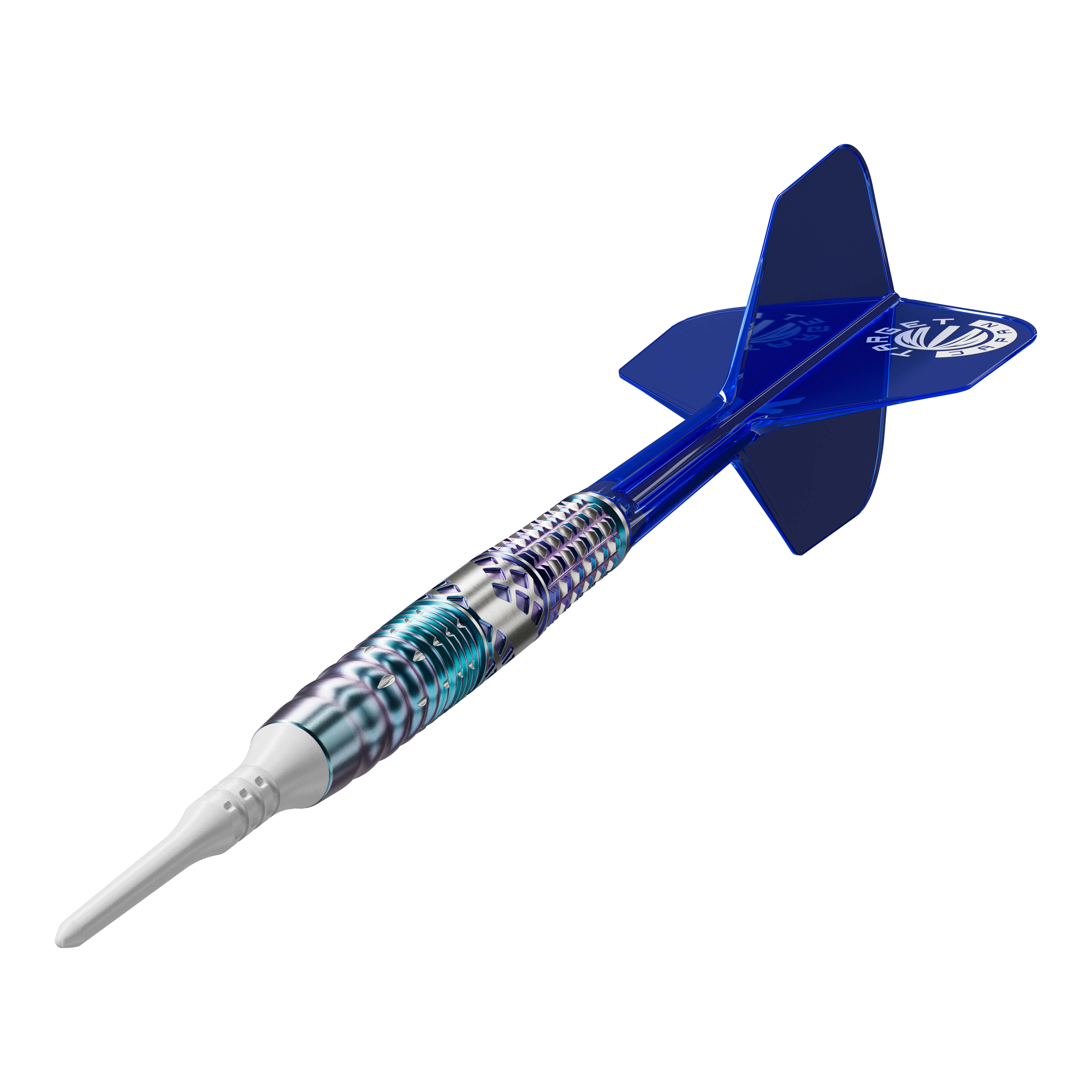 Target Japan Cathy Leung Charis GEN5 Softdarts - 19g Das Bild zeigt einen Softdart mit einem silber-blauen, metallischen Schaft und einer weißen Spitze. Die Flights am Ende des Darts sind blau und tragen ein weißes Logo.