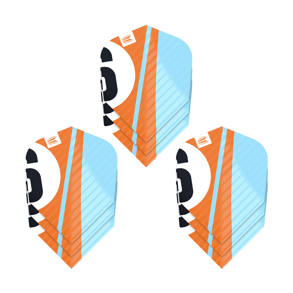 Das Bild zeigt drei Sets von Target Pro Ultra Chicane Orange Ten-X Flights. Die Flights sind farblich in Orange, Hellblau und Schwarz gestaltet.