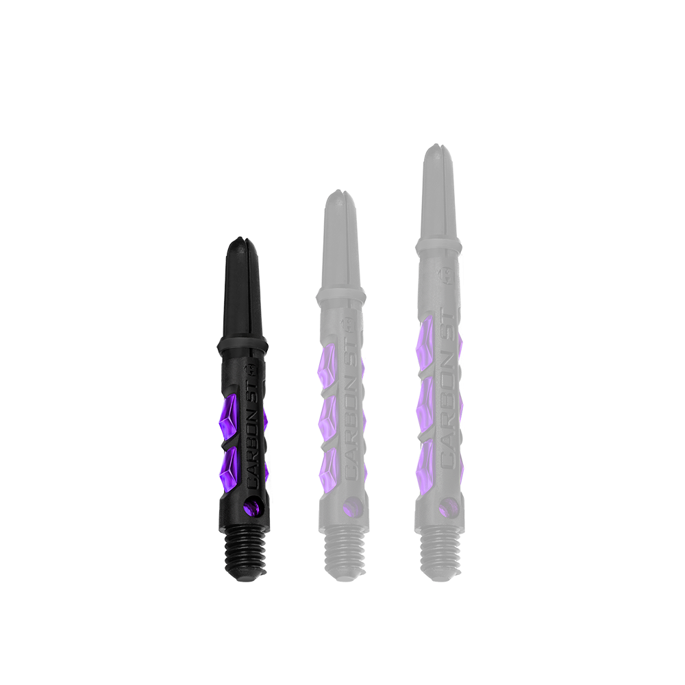 Das Bild zeigt drei Harrows Carbon ST Shafts in der Farbe Lila. Die Schäfte sind schwarz mit lilafarbenen Akzenten und in unterschiedlichen Längen angeordnet.