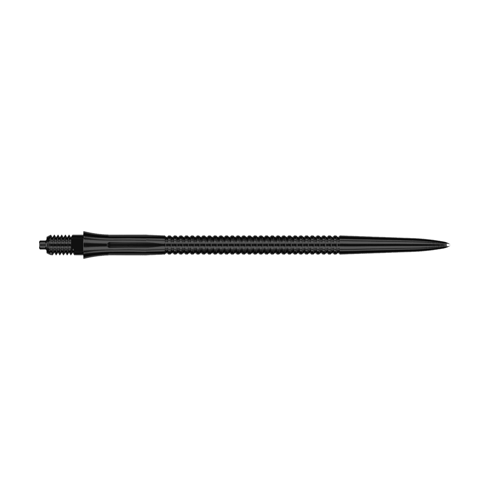Zu sehen sind schwarze Dartspitzen mit Rillen und einer Länge von 45 mm. Die Aufnahme hebt die Details der Oberfläche hervor.