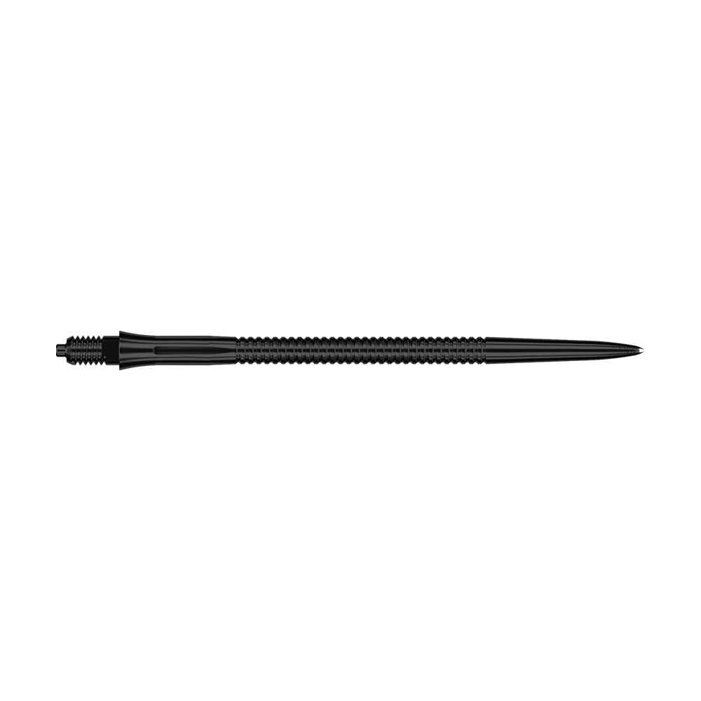 Caliburn EZ-EVO Dartspitzen - Grooved - Schwarz Zu sehen sind schwarze Dartspitzen mit Rillen und einer Länge von 45 mm. Die Aufnahme hebt die Details der Oberfläche hervor.