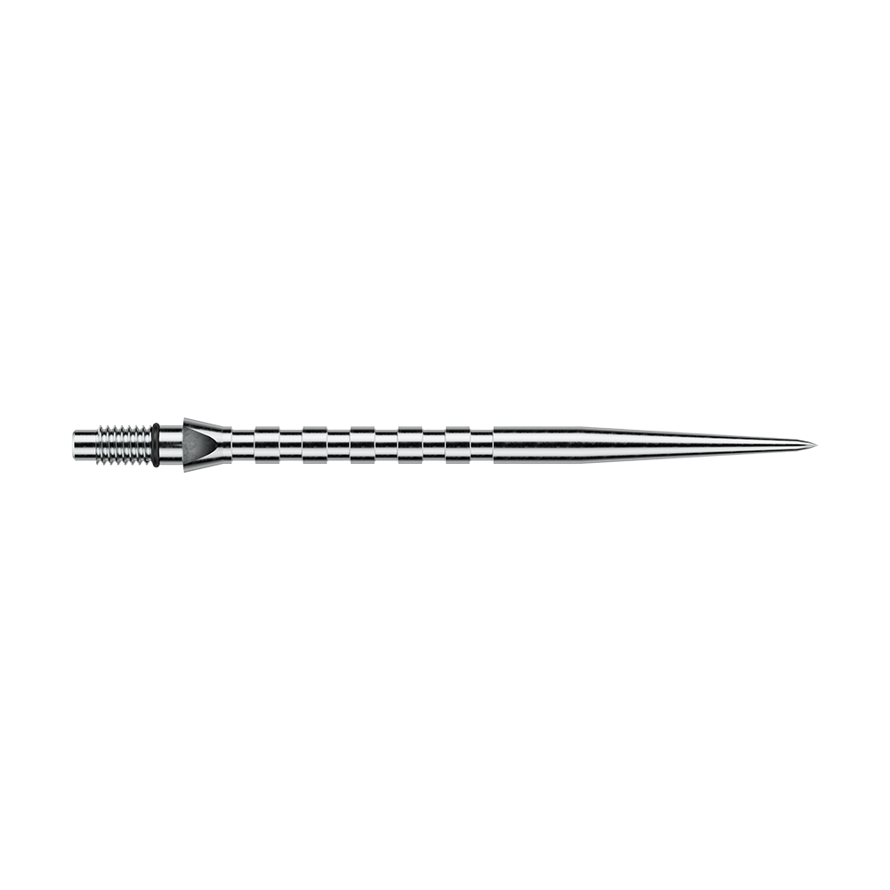Winmau Switch Point Groove Steeldartspitzen - Silver Effect Gezeigt wird eine Winmau Switch Point Groove Steeldartspitze in silberner Ausführung mit 40mm Länge. Die Spitze ist gut zu erkennen und wirkt hochwertig verarbeitet.