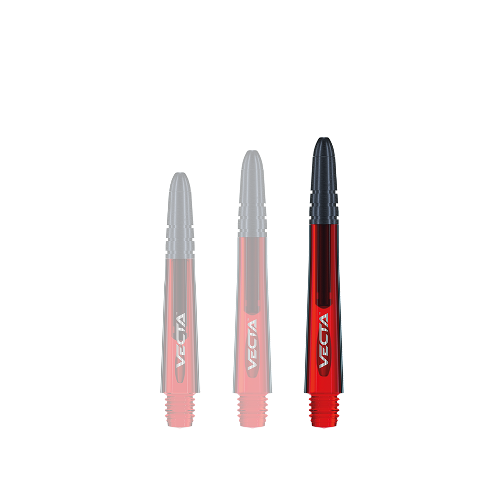 Das Bild zeigt drei rote Winmau Vecta Shafts für Dartpfeile. Sie haben schwarze Spitzen und das Wort "Vecta" ist auf jedem Schaft zu sehen.