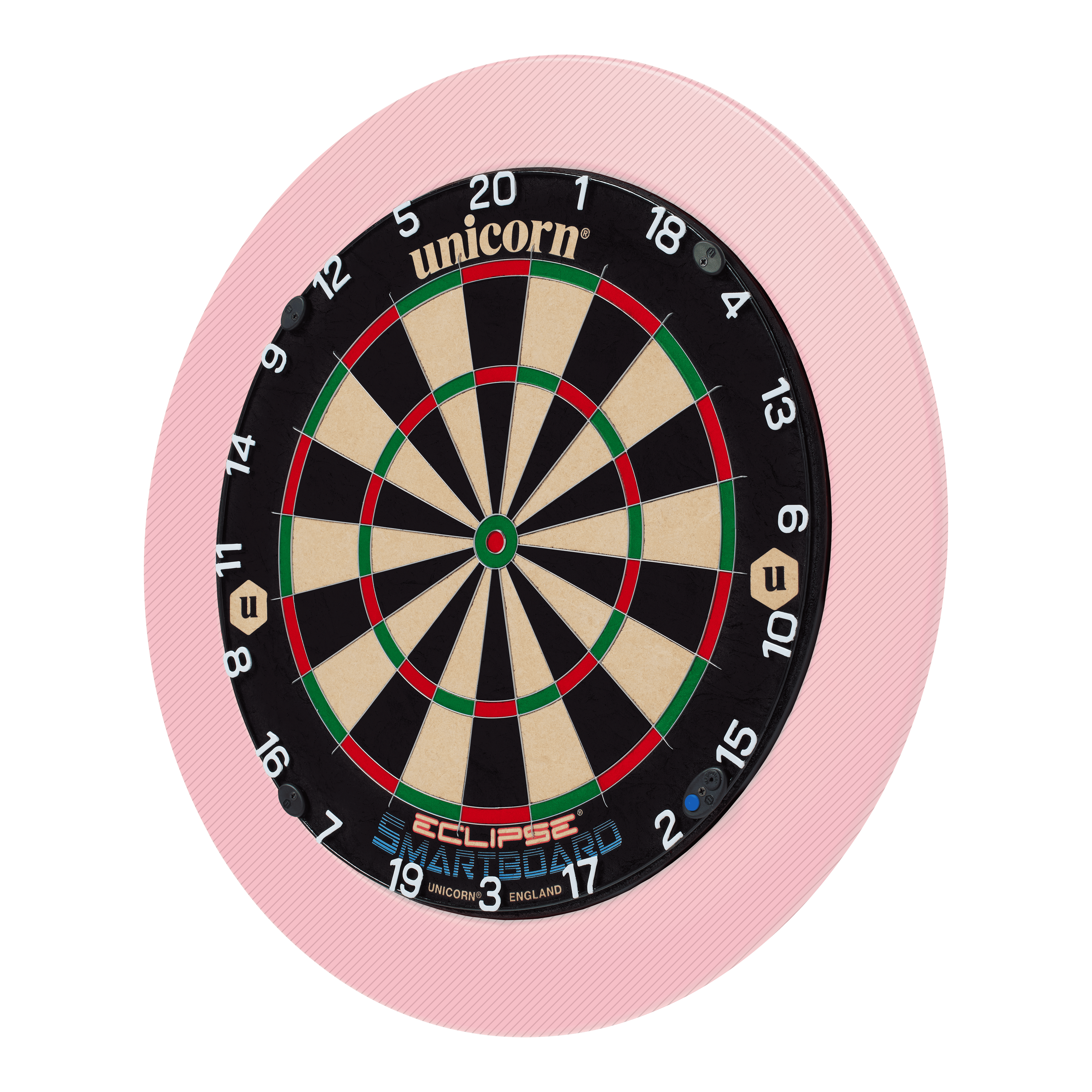 Das Bild zeigt eine Unicorn Eclipse Smartboard Steeldartscheibe mit einem pinken Schutzring. Die Dartscheibe hat klare Zahlen und farbige Segmente für das Dartspiel.