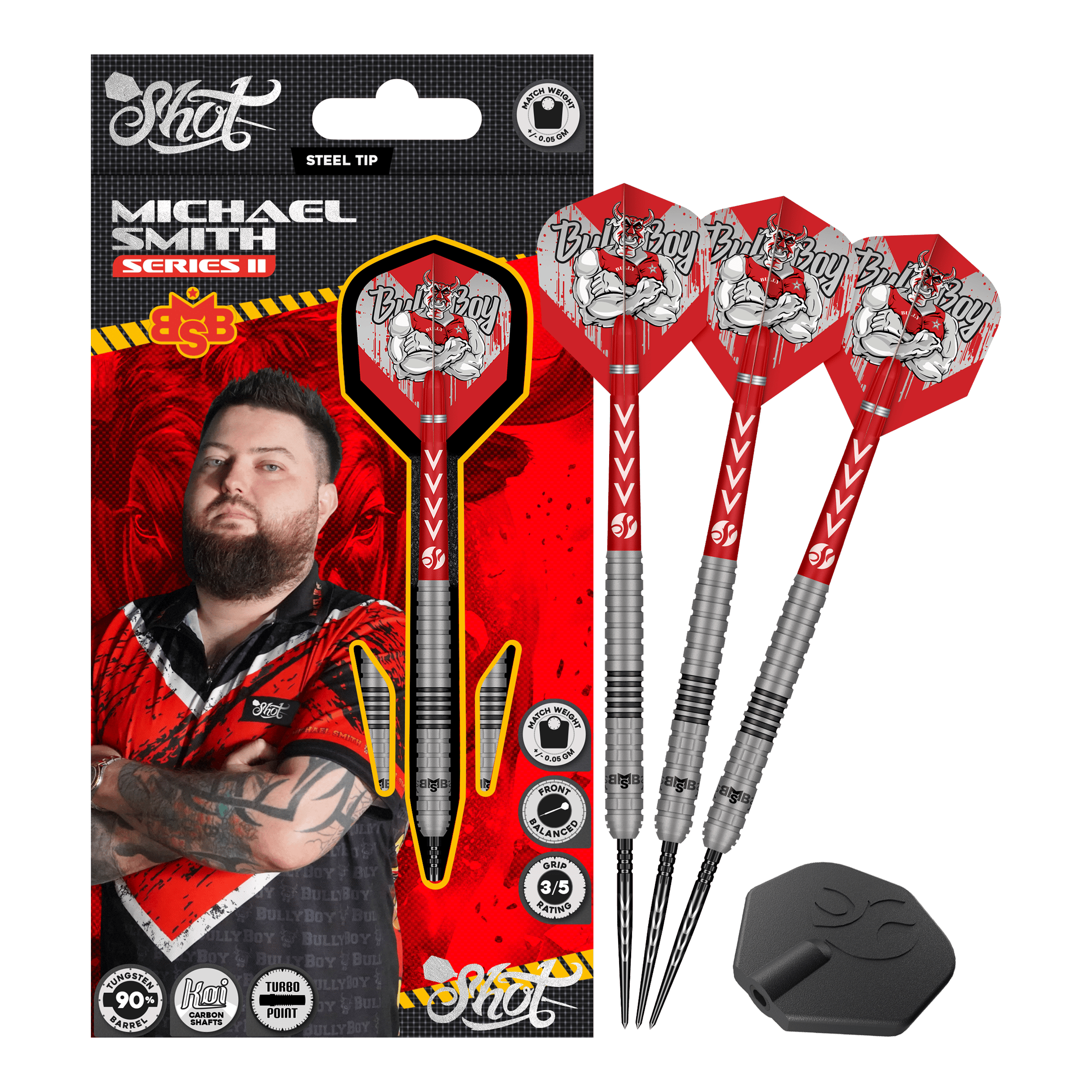 Shot Michael Smith Series 2 Turbo Point Steeldarts Das Bild zeigt die Shot Michael Smith Series 2 Turbo Point Steeldarts. Es sind hochwertige Steeldarts, die für den professionellen Gebrauch geeignet sind.