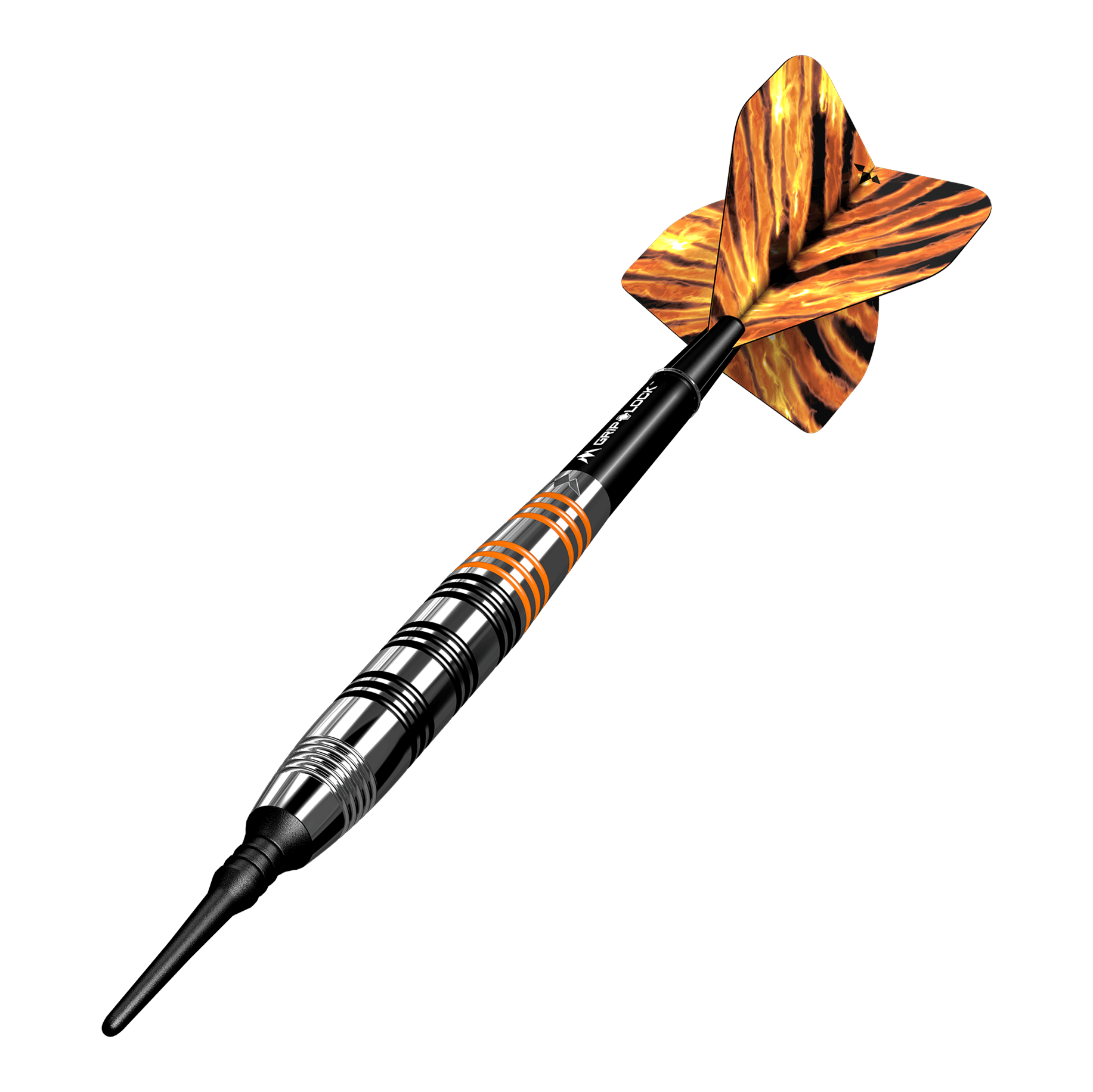 Mission Javan Brass Softdarts - 18g Das Bild zeigt einen Softdart namens "Mission Javan Brass Softdarts - 18g". Der Dartpfeil hat ein gestreiftes Design in Schwarz, Silber und Orange mit einer auffälligen, gemusterten Flugfeder.