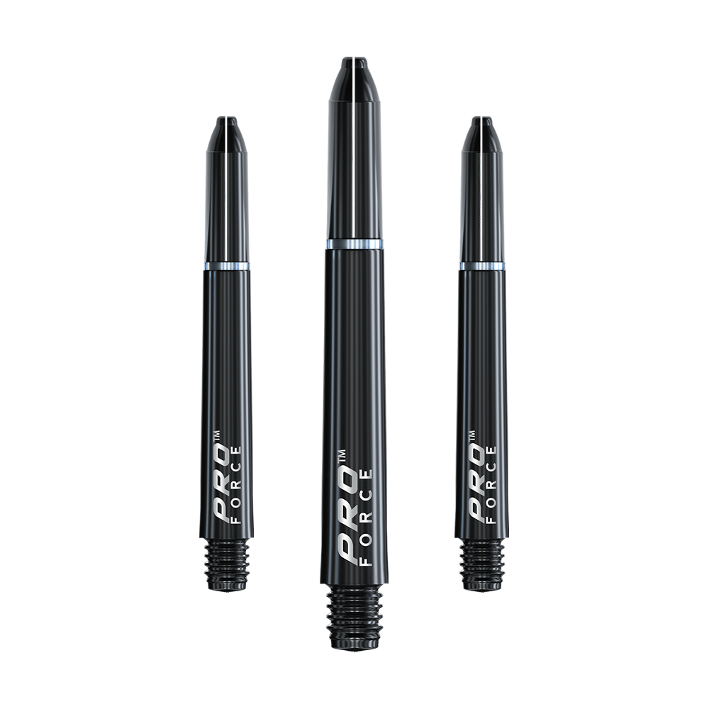 Das Bild zeigt drei schwarze Winmau Pro-Force Shafts für Dartpfeile. Auf den Schäften steht der Schriftzug "PRO FORCE" in weißer Farbe.