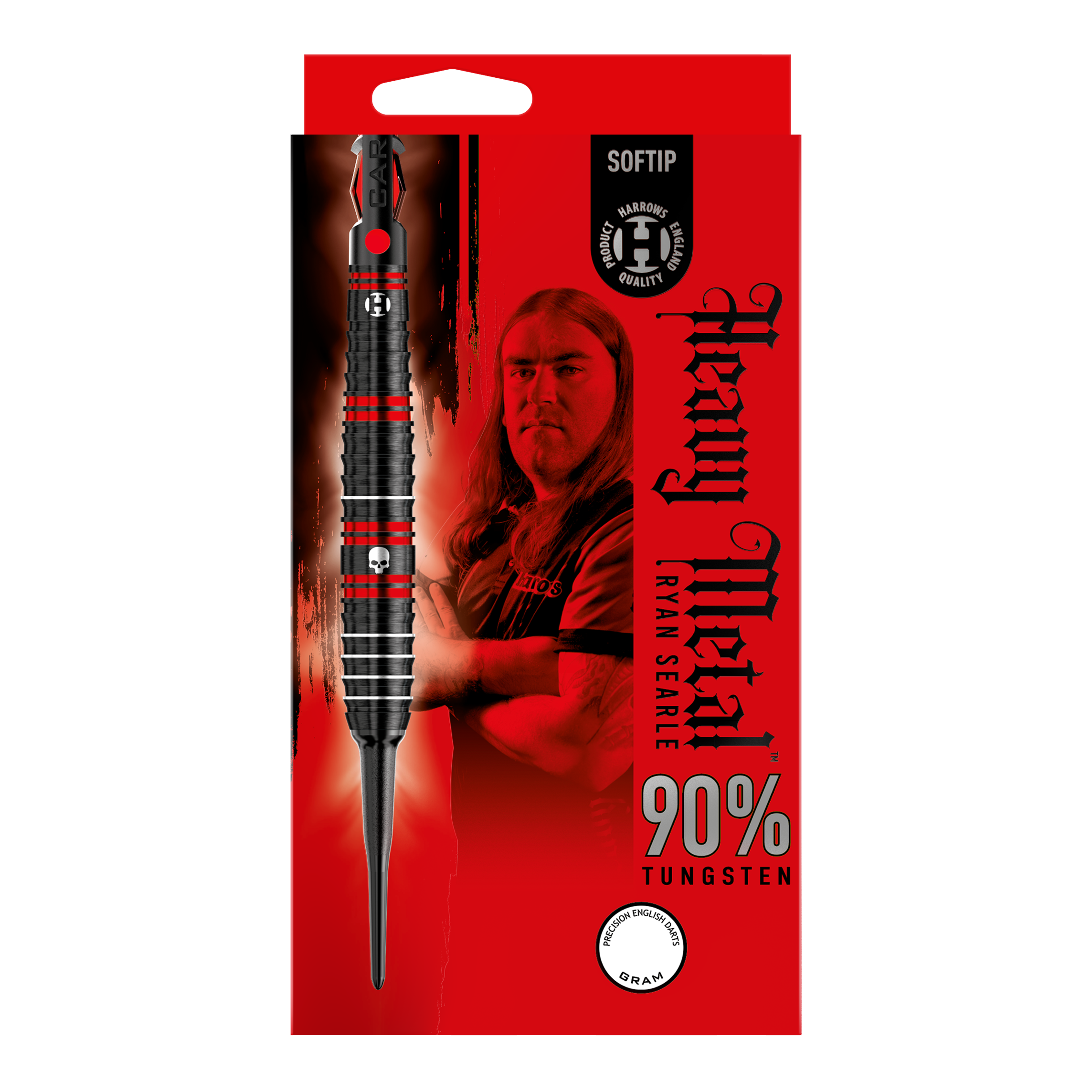 Harrows Ryan Searle Heavy Metal Softdarts Die Verpackung zeigt die Harrows Ryan Searle Heavy Metal Softdarts mit einem Bild von Ryan Searle. Das Design hebt 90% Tungsten und ein auffälliges rot-schwarzes Farbschema hervor.