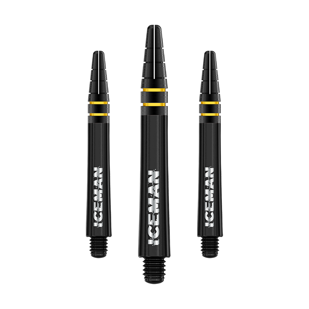Das Bild zeigt drei schwarze Dartschäfte mit goldenen Ringen und der weißen Aufschrift "ICEMAN". Es handelt sich um das Produkt "Red Dragon Nitrotech Gerwyn Price Shafts Schwarz - 39mm".