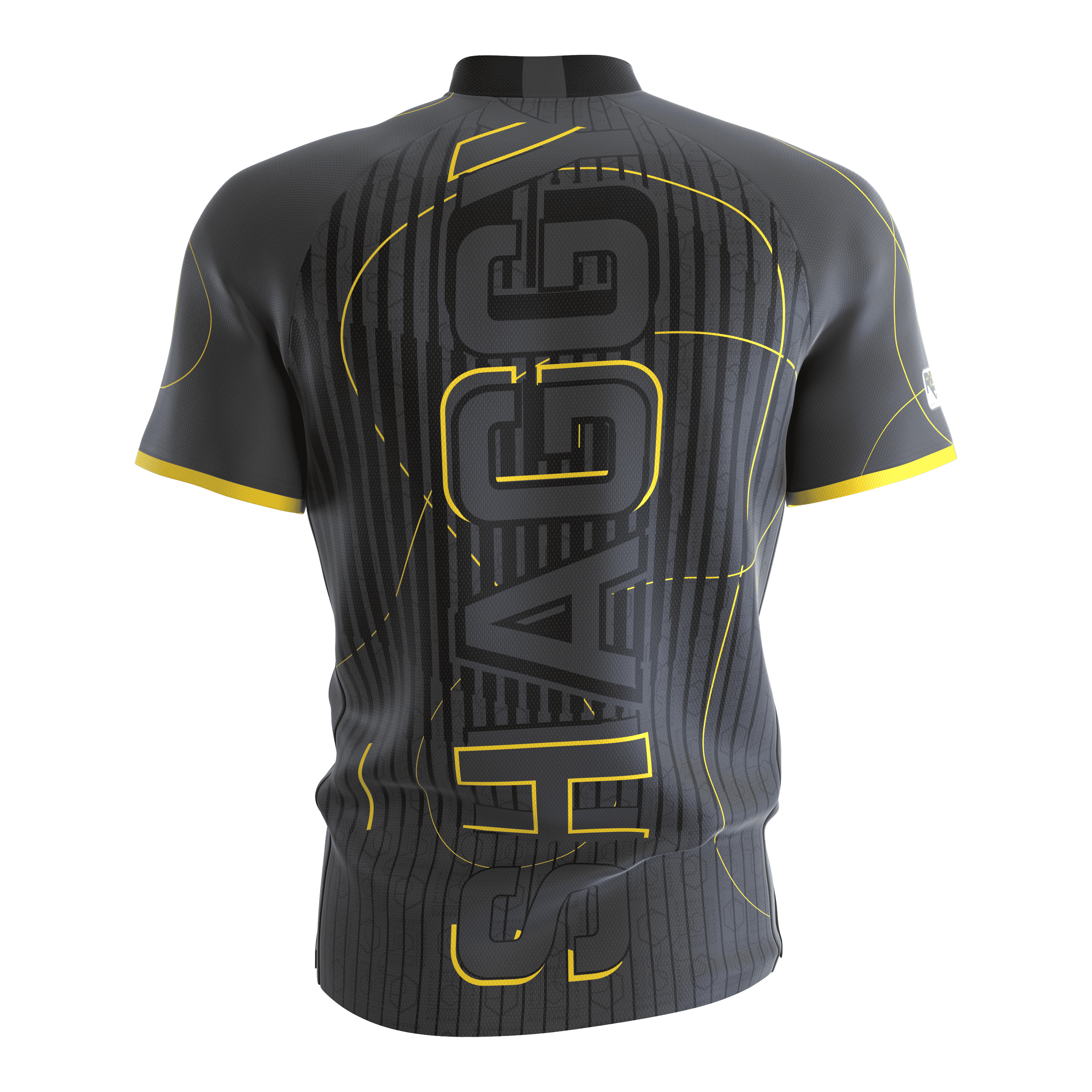 Target Coolplay Collarless Scott Williams Dartshirt Das Bild zeigt das Target Coolplay Collarless Scott Williams Dartshirt von hinten. Das Shirt ist grau mit gelben Akzenten und dem großen Schriftzug "SHAGGY" auf dem Rücken.