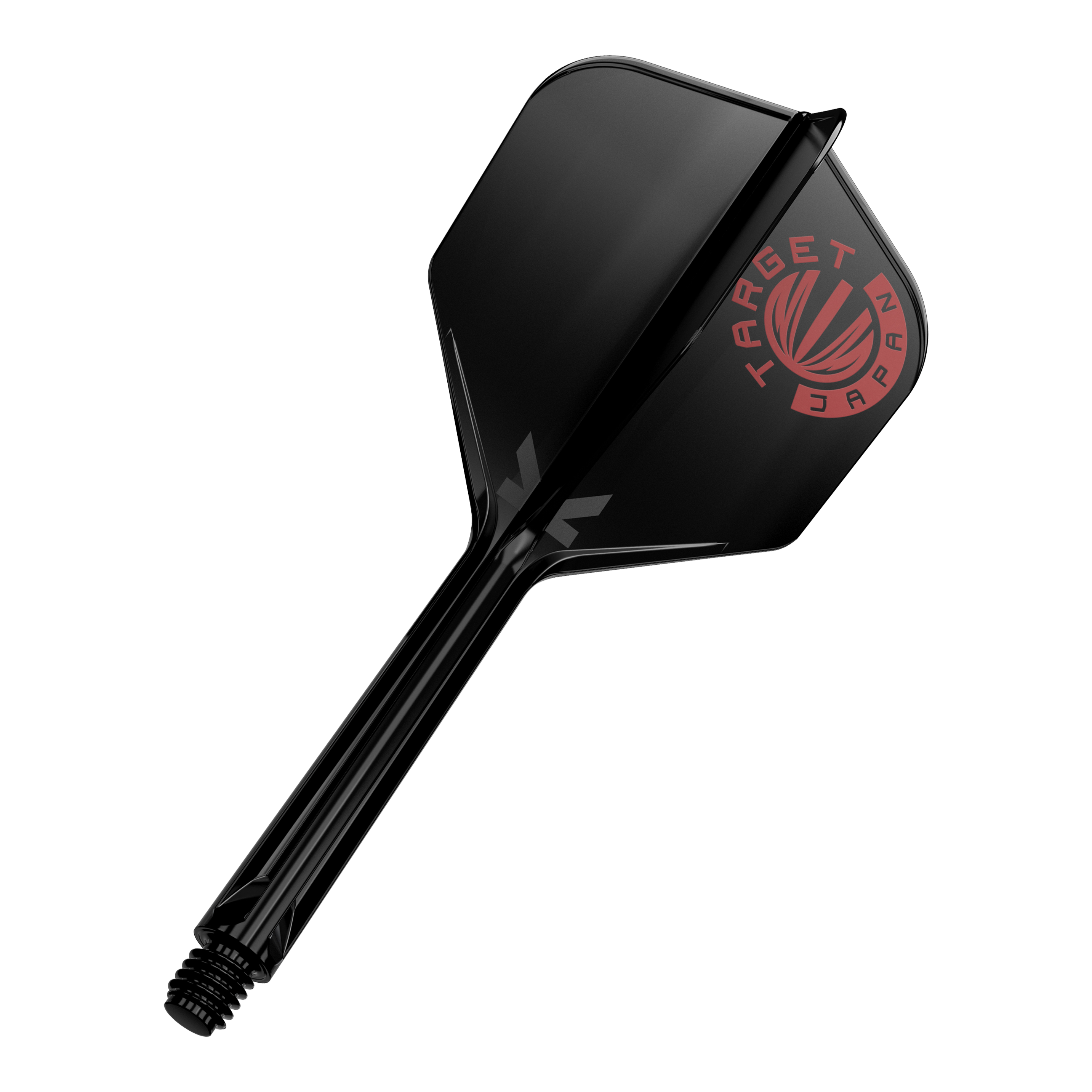 Target Japan K-Flex Original Logo Red Black No6 Flight-Shaft-System Das Bild zeigt einen schwarzen Dartshaft mit einer schwarzen Dartflügelfeder. Auf der Feder ist ein rotes Logo mit der Aufschrift "TARGET JAPAN" zu sehen.