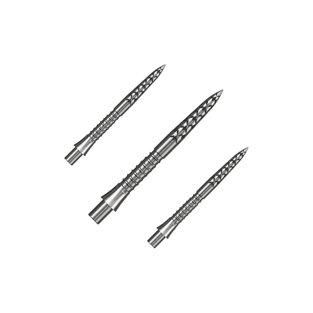 Mission Caliburn EVO Dartspitzen GV-Logo - Silber Hier ist ein Set silberner Steeldartspitzen mit 26 mm Länge zu sehen. Die Aufnahme basiert auf der Datei M002127_Missoin_Caliburn_EVO_GV-Logo_Steeldartspitzen_Silber_26mm_1Set.