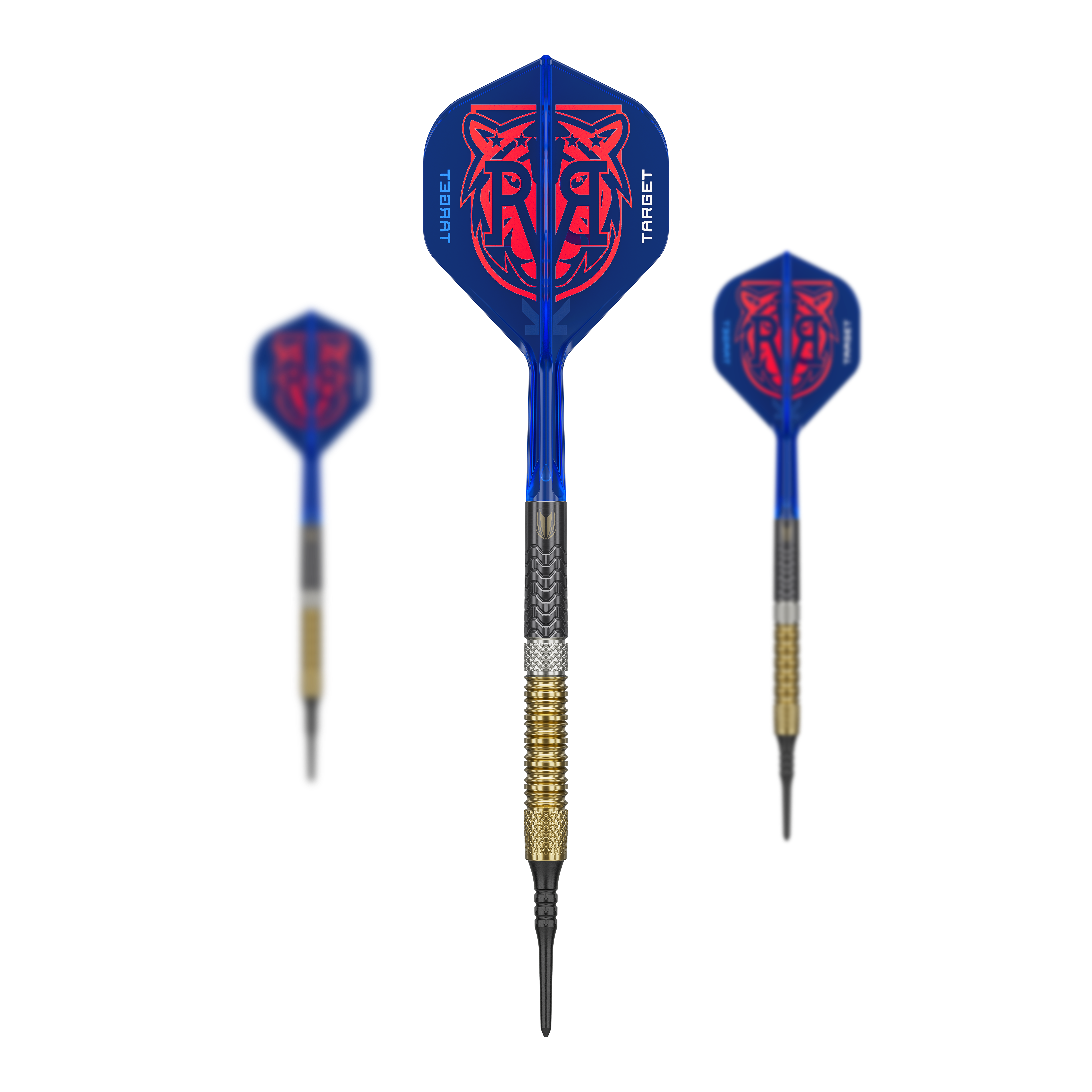 Das Bild zeigt das Target Raymond Van Barneveld GEN6 Softdarts Set. Alle enthaltenen Darts und Zubehörteile sind zusammen zu sehen.