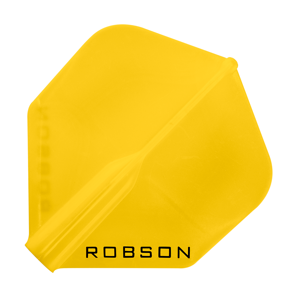 Das Bild zeigt ein gelbes Dartflight mit der Aufschrift "ROBSON". Das Flight hat eine Standardform und ist ein Zubehörteil für Darts.
