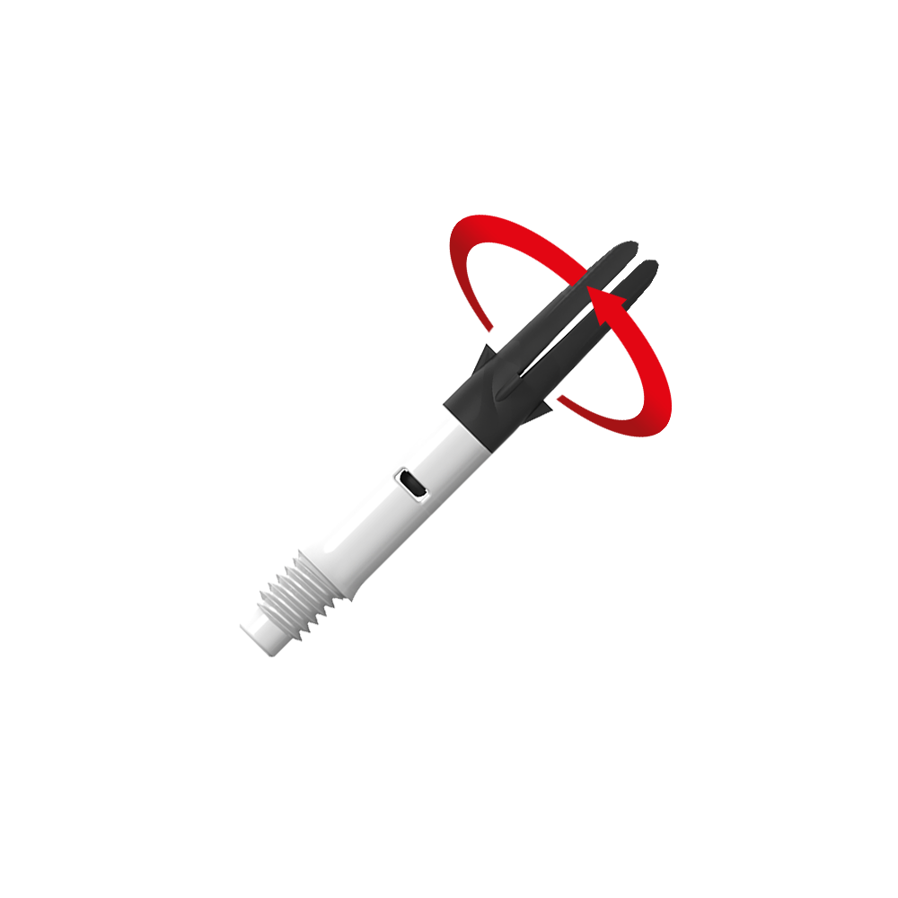 L-Style L-Shaft Carbon Silent Straight - Weiß 190 Das Bild zeigt einen weißen und schwarzen Dart-Schaft mit einem Gewinde am unteren Ende. Ein roter Pfeil deutet auf eine Drehbewegung des oberen Teils hin.