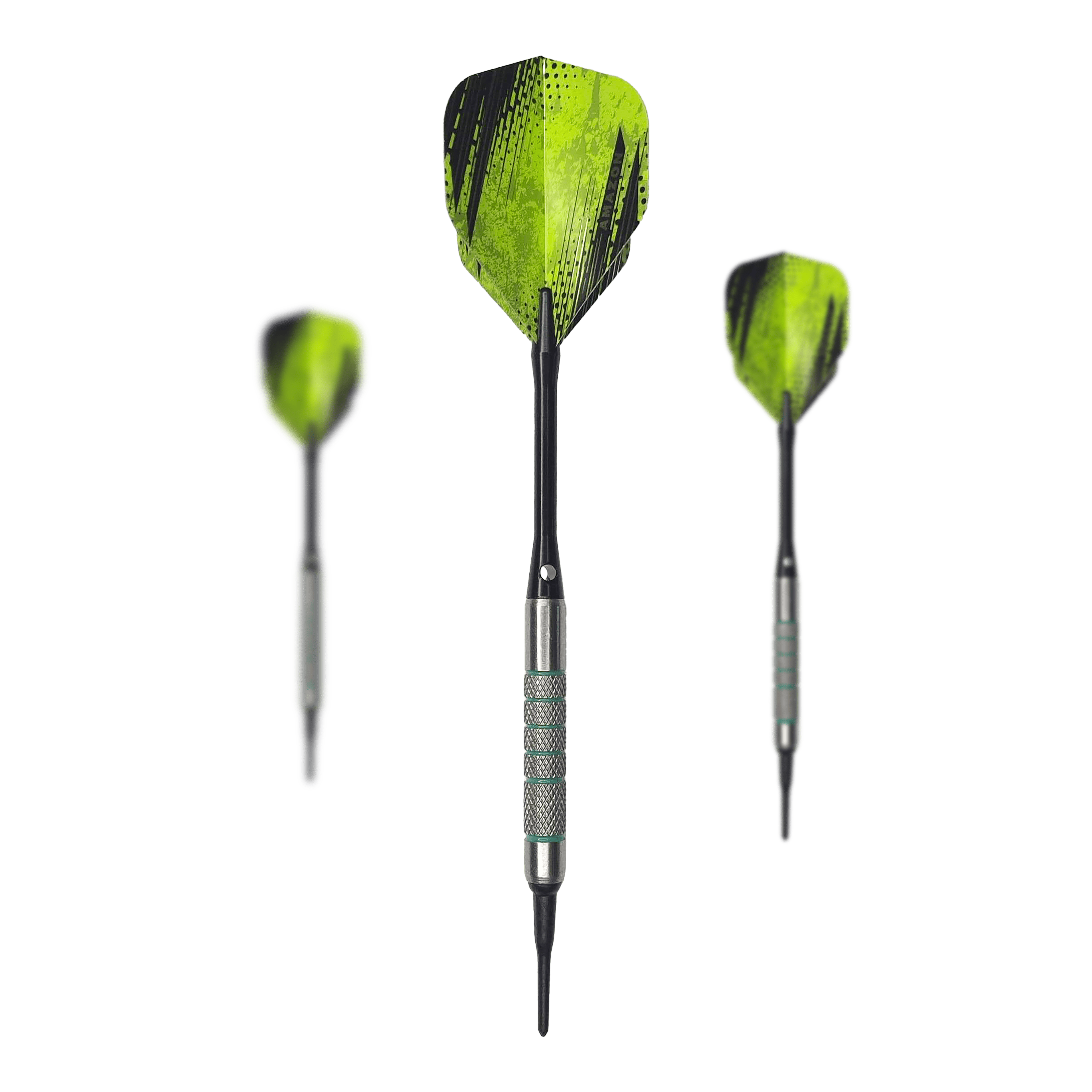 McDart 85er Tungsten V7 Softdarts - 16,5g Das Bild zeigt drei McDart 85er Tungsten V7 Softdarts mit einem Gewicht von 16,5g. Die Darts haben grün-schwarze Flights und silberne Griffe.