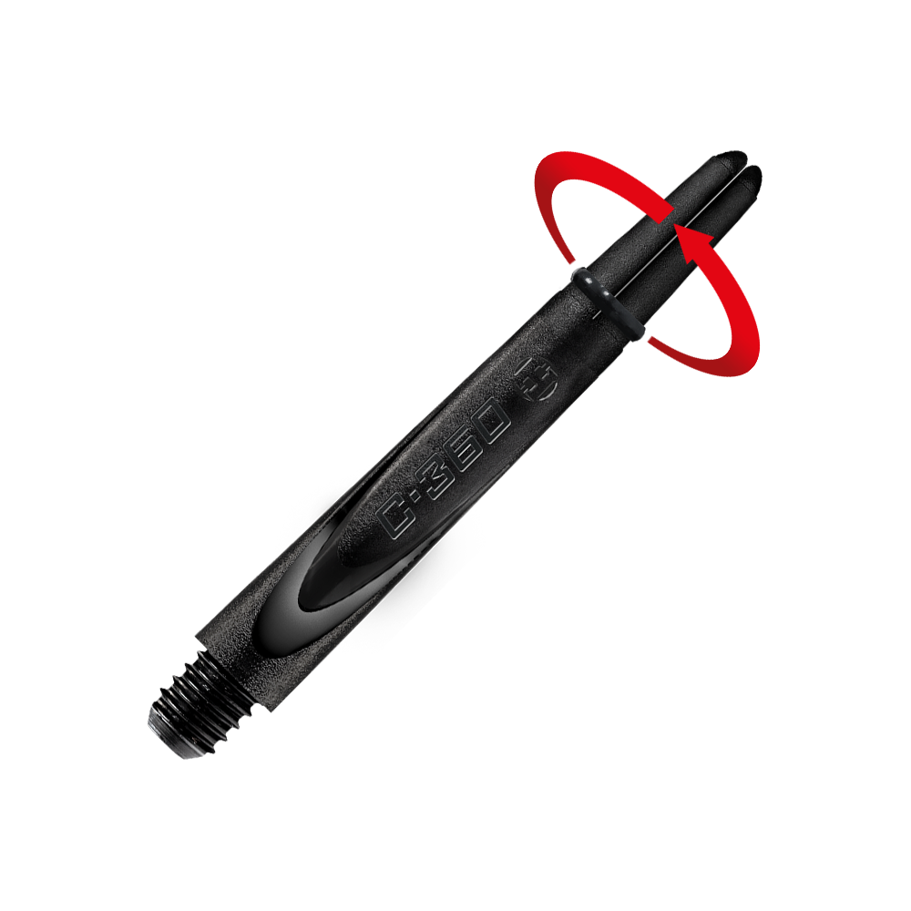 Das Bild zeigt einen schwarzen Carbon-Dartshaft mit der Aufschrift „C-360“. Im Hintergrund ist ein rotes Quadrat zu sehen, das den oberen Teil des Shafts hervorhebt.