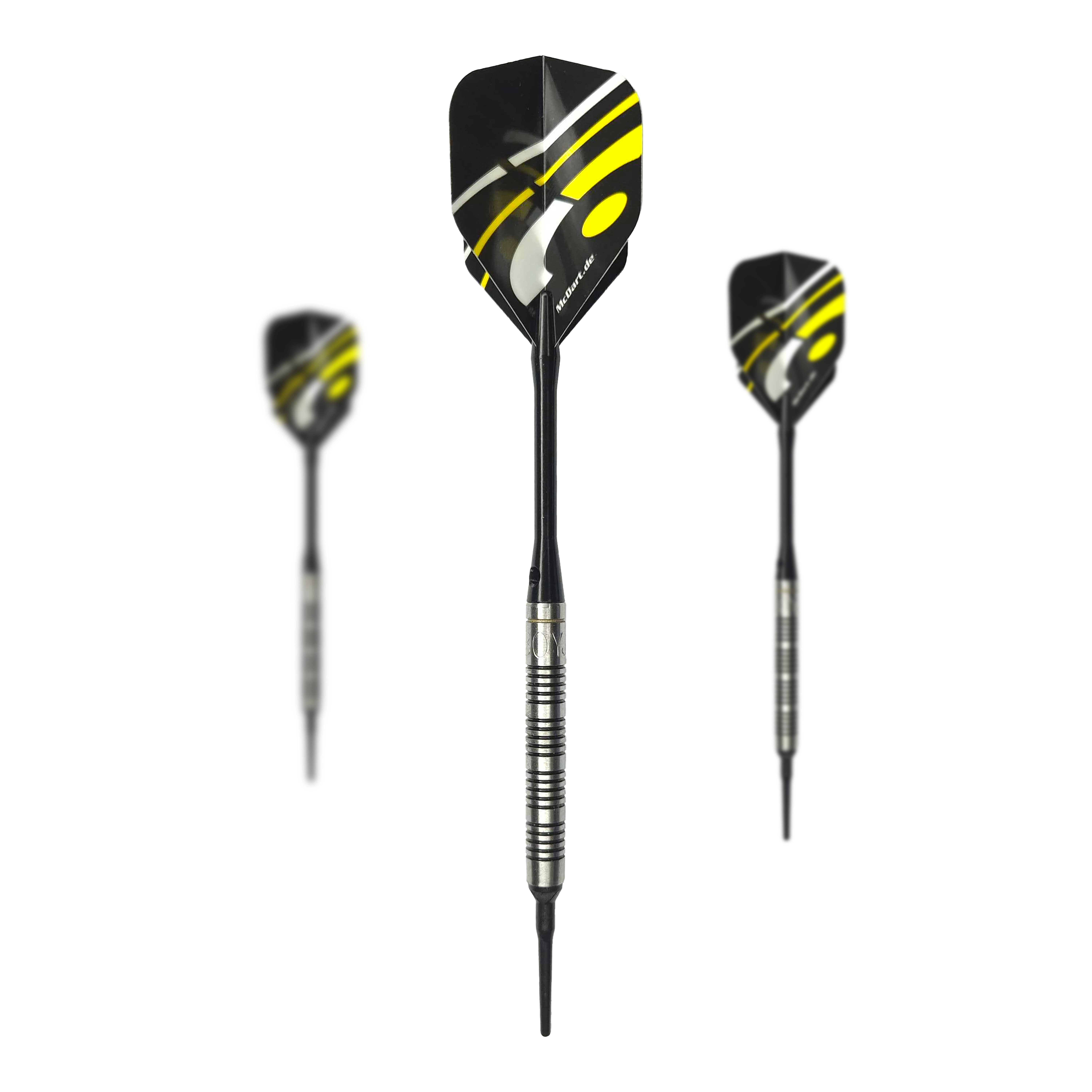 McDart 85er Tungsten V17 Softdarts - 16,5g Auf dem Bild sind drei Softdarts des Modells "McDart 85er Tungsten V17" mit einem Gewicht von 16,5g zu sehen. Die Darts haben schwarze Flights mit gelben und weißen Akzenten sowie silberne, gerillte Barrels.