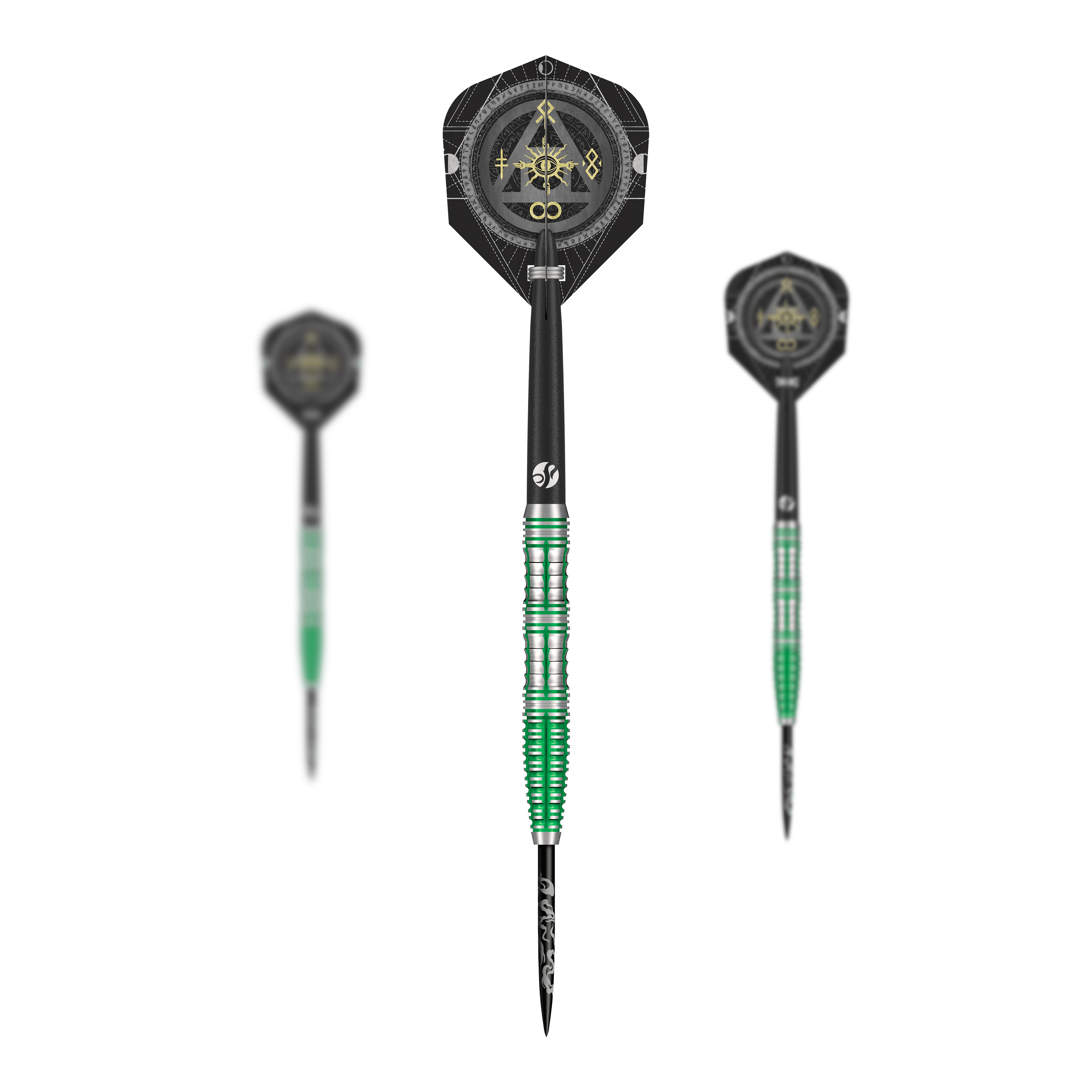 Abgebildet ist ein Set Shot Alchemy Mythril Steeldarts. Dies sind hochwertige Steeldarts für den professionellen Einsatz.
