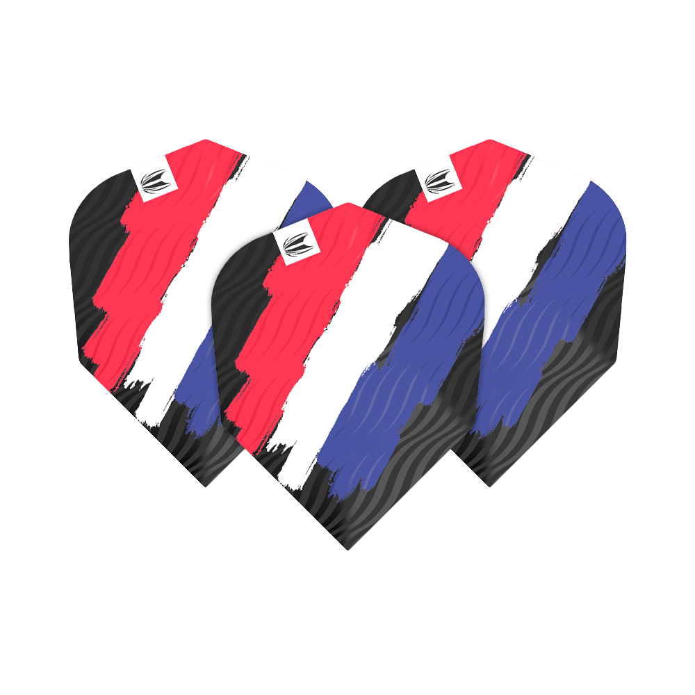 Das Bild zeigt drei Dart-Flights mit einem Muster in den Farben Rot, Weiß und Blau, das an die niederländische Flagge erinnert. Die Flights gehören zum Produkt "Target ProUltra Flag Holland No6 Flights".