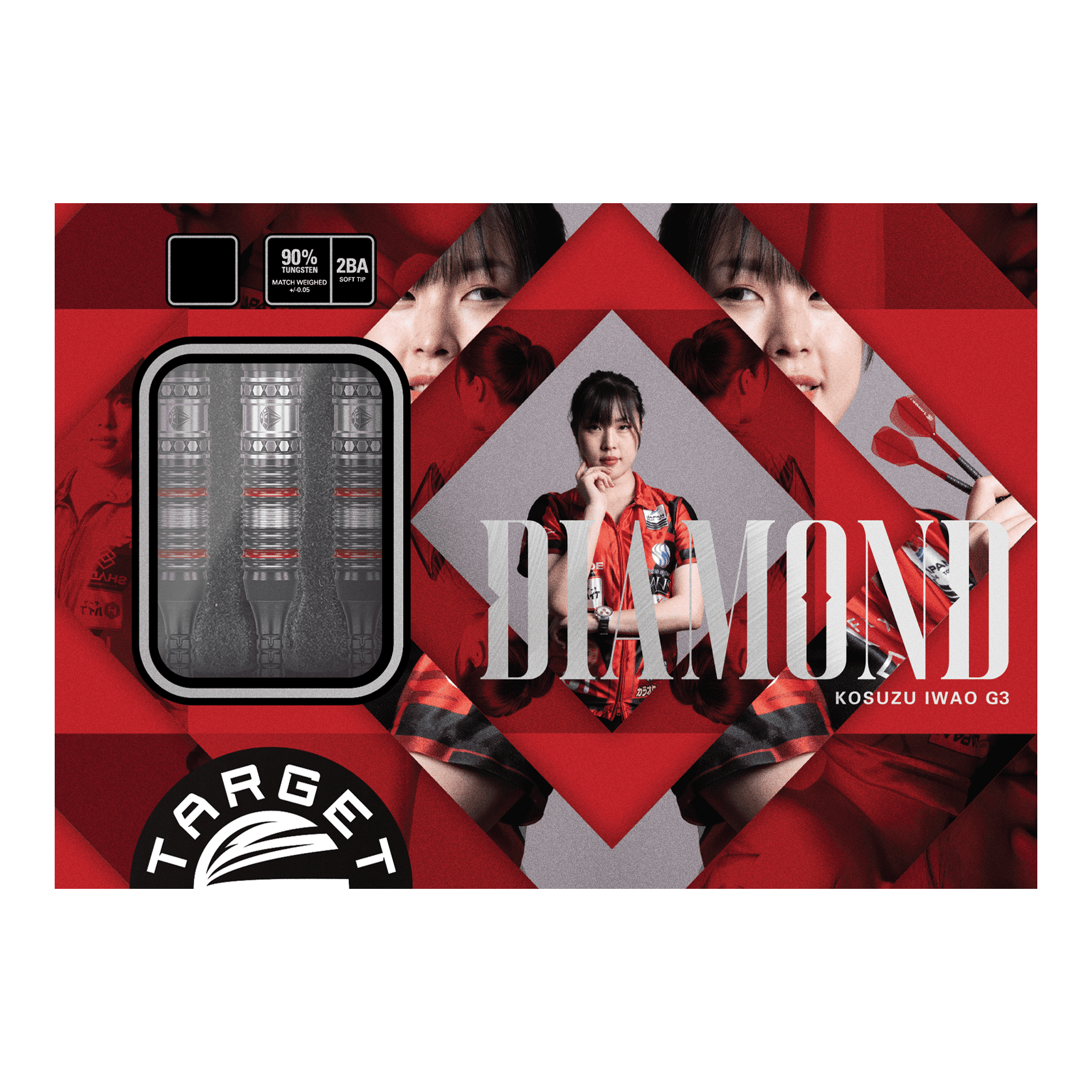 Target Japan Prime Series Diamond GEN3 Softdarts - 18g Die Abbildung zeigt das Produkt "Target Japan Prime Series Diamond GEN3 Softdarts - 18g". Auf der Verpackung sind die Darts selbst sowie ein Porträt einer Frau und das Wort "DIAMOND" zu sehen.