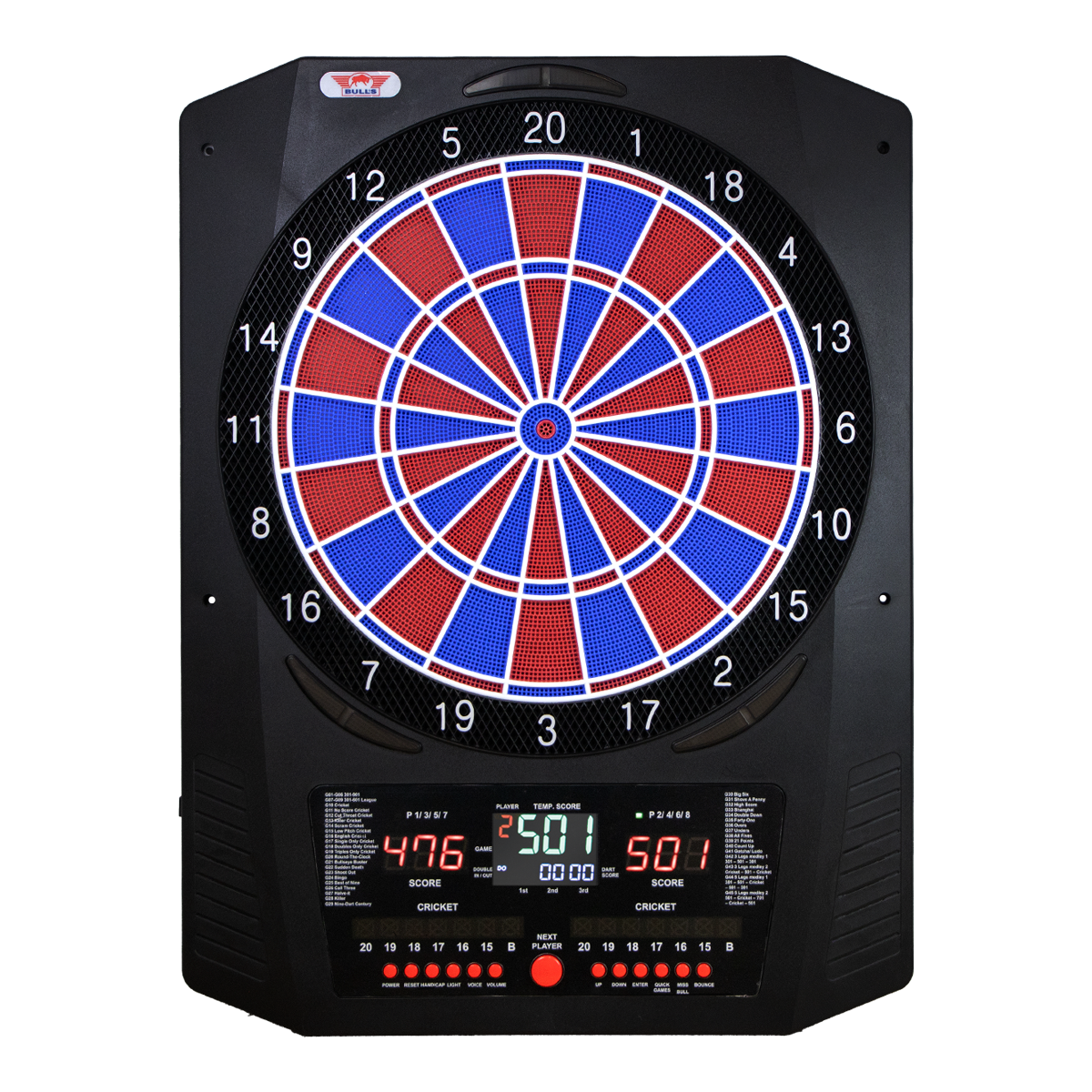 Bulls NL Universum Pro Light Elektronisches Dartboard - Blau Rot Das Bild zeigt das Bulls NL Universum Pro Light Elektronisches Dartboard in Blau und Rot. Es handelt sich um ein elektronisches Dartboard für präzises Spielen.