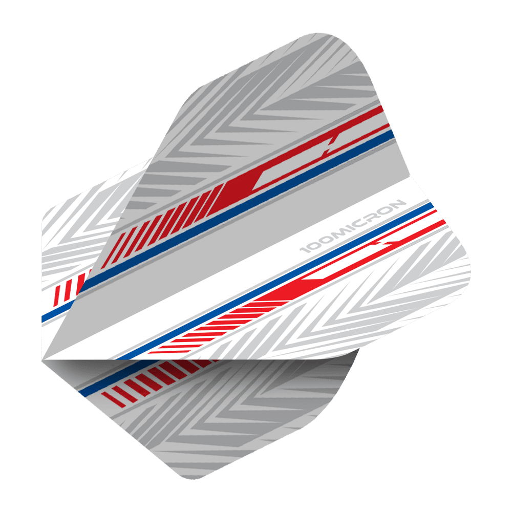 Pentathlon Flights weiß/rot/blau Das Bild zeigt ein Pentathlon White Red Blue No2 Standard Flight für Darts. Das Design ist überwiegend grau mit roten und blauen Akzenten sowie einem geometrischen Muster.