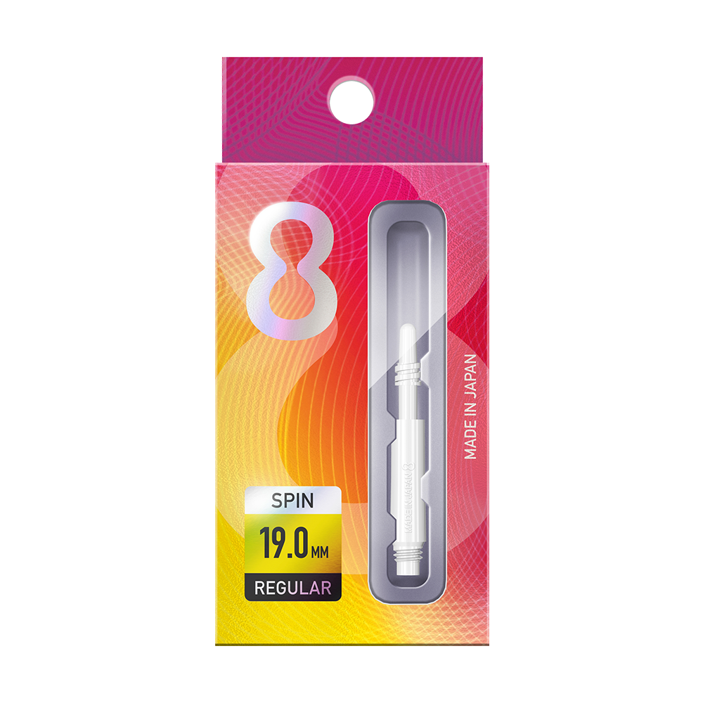 Die Abbildung zeigt eine Packung "8 Flight Regular Spin White Shafts". Die Verpackung ist bunt gestaltet und enthält einen weißen Schaft mit der Länge von 19,0 mm.