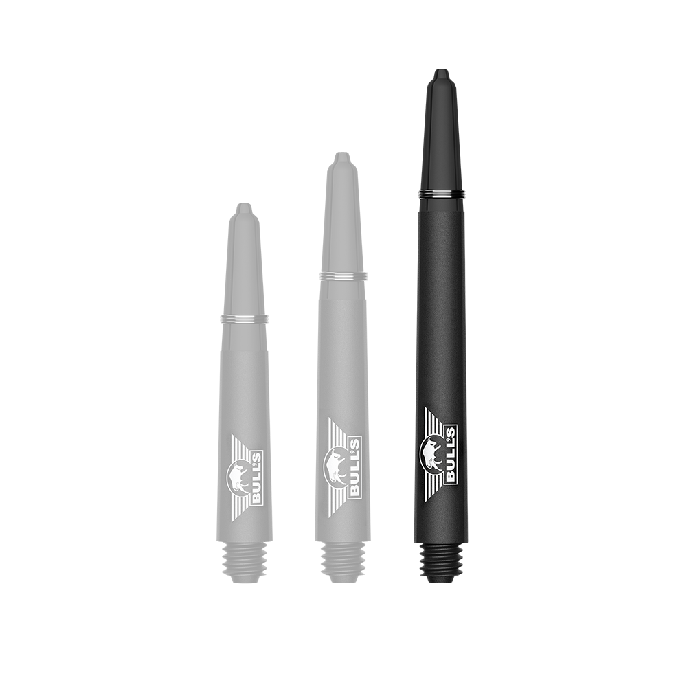 Dieses Bild zeigt einen einzelnen BullsNL Capo Carbon Shaft in Schwarz. Der Schaft hat eine Länge von 46 mm in der Größe Medium.