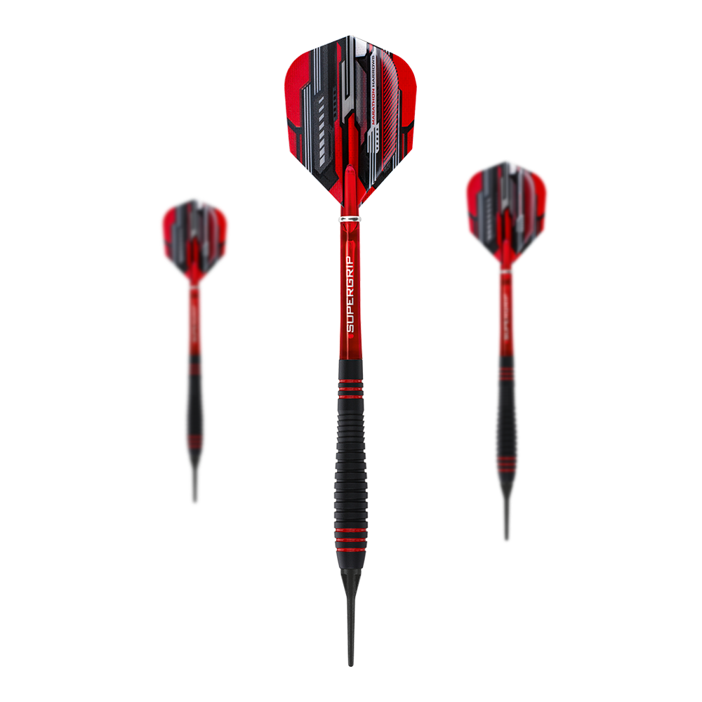 Harrows ACE Rubber Grip Softdarts Auf dem Bild sind drei Harrows ACE Rubber Grip Softdarts zu sehen. Die Pfeile haben rote Flights mit schwarzem und silbernem Muster sowie schwarze Griffe mit roten Akzenten.