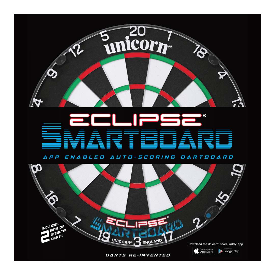 Das Bild zeigt das Produkt "Unicorn Eclipse Smartboard Steeldartboard". Es handelt sich um eine App-unterstützte Steeldart-Scheibe mit automatischer Punkteauswertung.