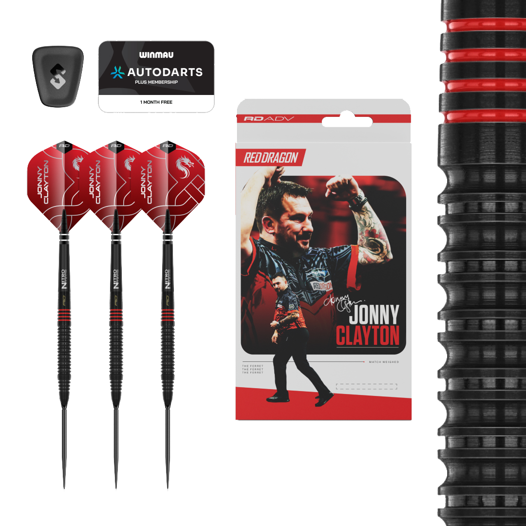Red Dragon Jonny Clayton RD-ADV Switch Point Steeldarts Abgebildet ist ein Set Red Dragon Jonny Clayton RD-ADV Switch Point Steeldarts. Die Darts sind deutlich zu erkennen und die Beschriftung ist lesbar.