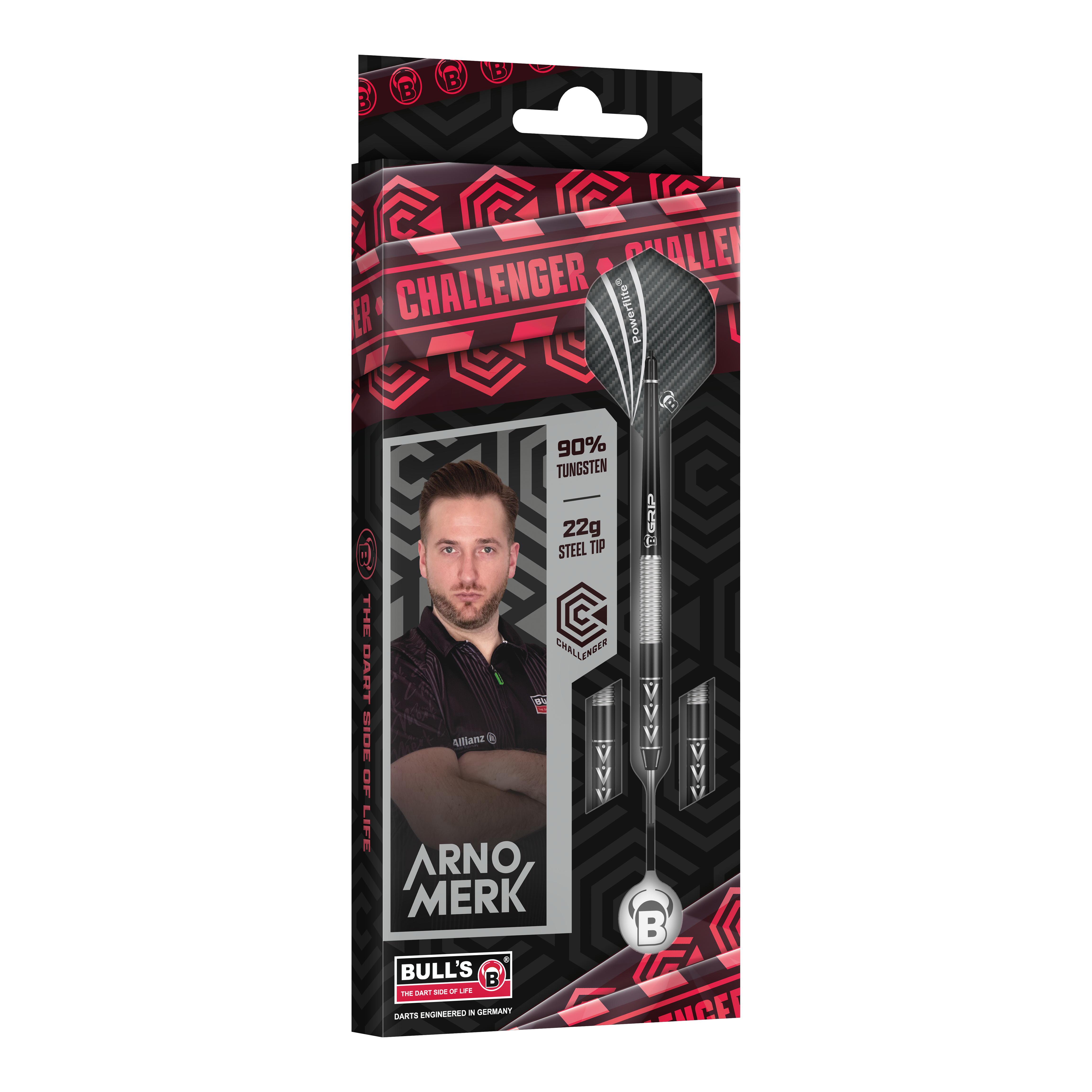 Bulls Challenger Arno Merk Steeldarts - 22g Die Abbildung zeigt die Verpackung der „Bulls Challenger Arno Merk Steeldarts - 22g“. Auf der Verpackung sind der Dartspieler Arno Merk, die Darts sowie die Angaben „90% Tungsten“ und „22g Steel Tip“ zu sehen.