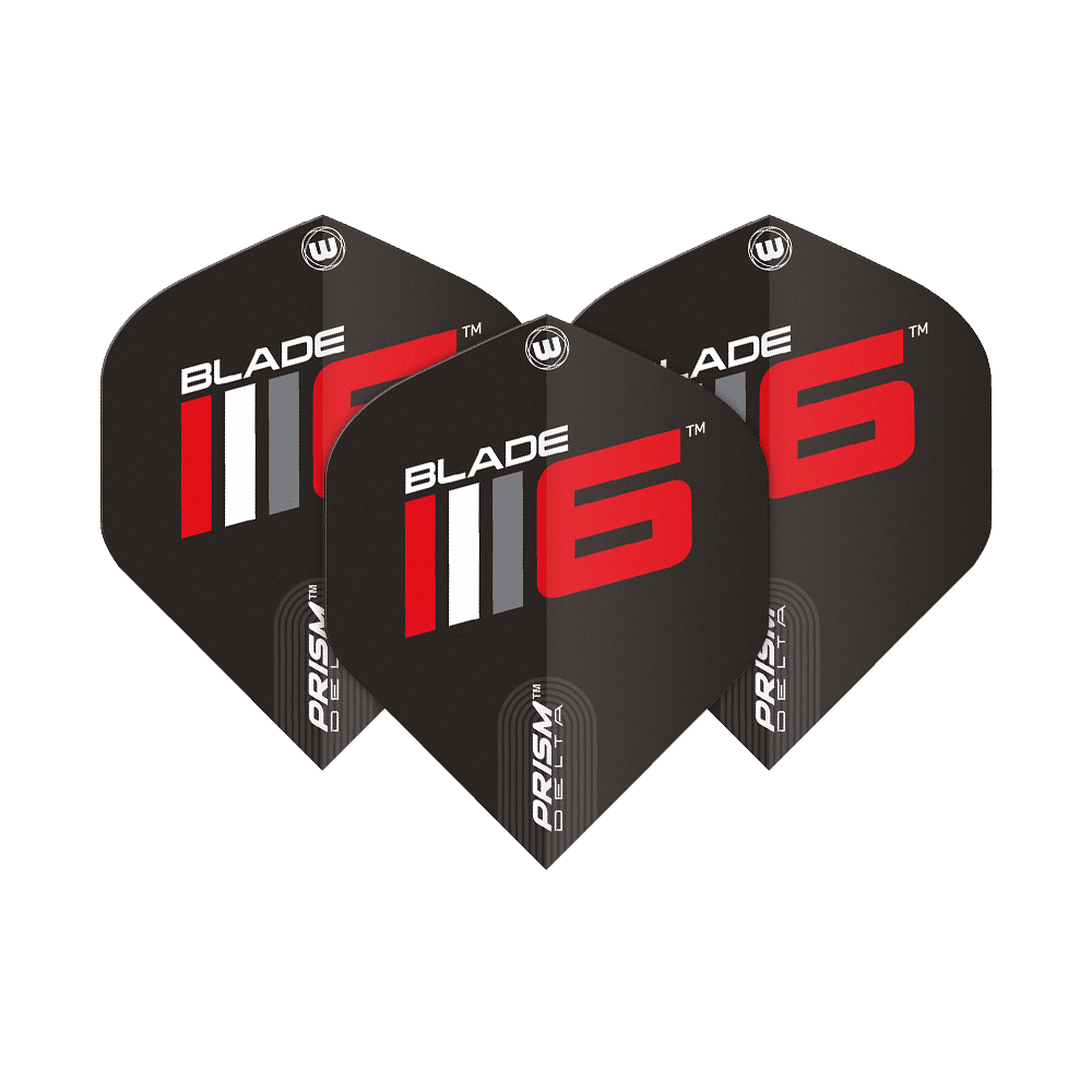 6915-225_Winmau_Prism_Delta_Blade6_A_Standard_Flights_1Pb2eVhNfFPMeh Das Bild zeigt drei schwarze Dart-Flights mit der Aufschrift "Blade 6" in Rot und Weiß. Es handelt sich um das Produkt "Winmau Prism Delta Blade 6 A Standard Flights".