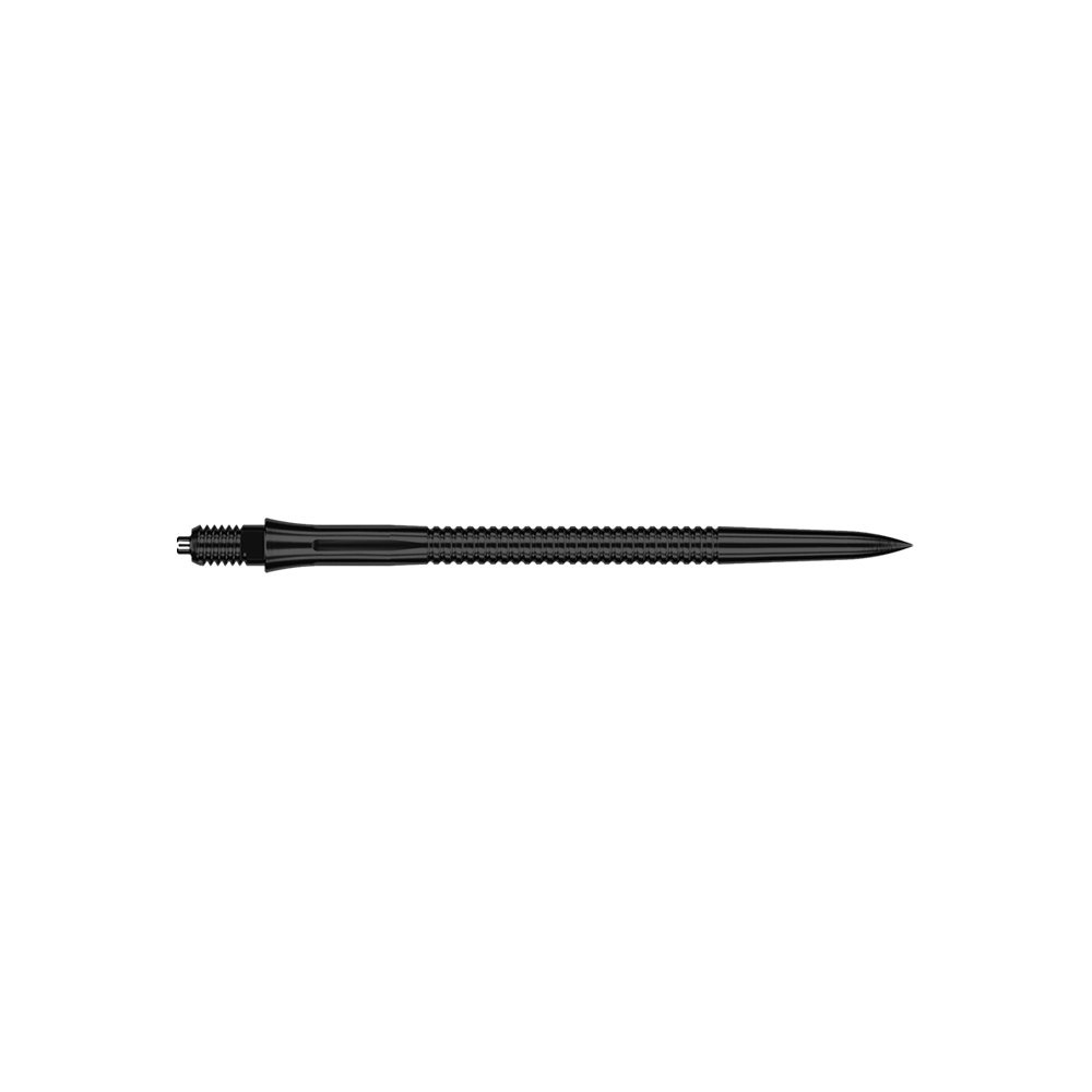 Caliburn EZ-EVO Dartspitzen - Grooved - Schwarz Das Bild zeigt schwarze Dartspitzen mit Rillenmuster, Länge 40 mm. Die Dartspitzen sind einzeln abgebildet.
