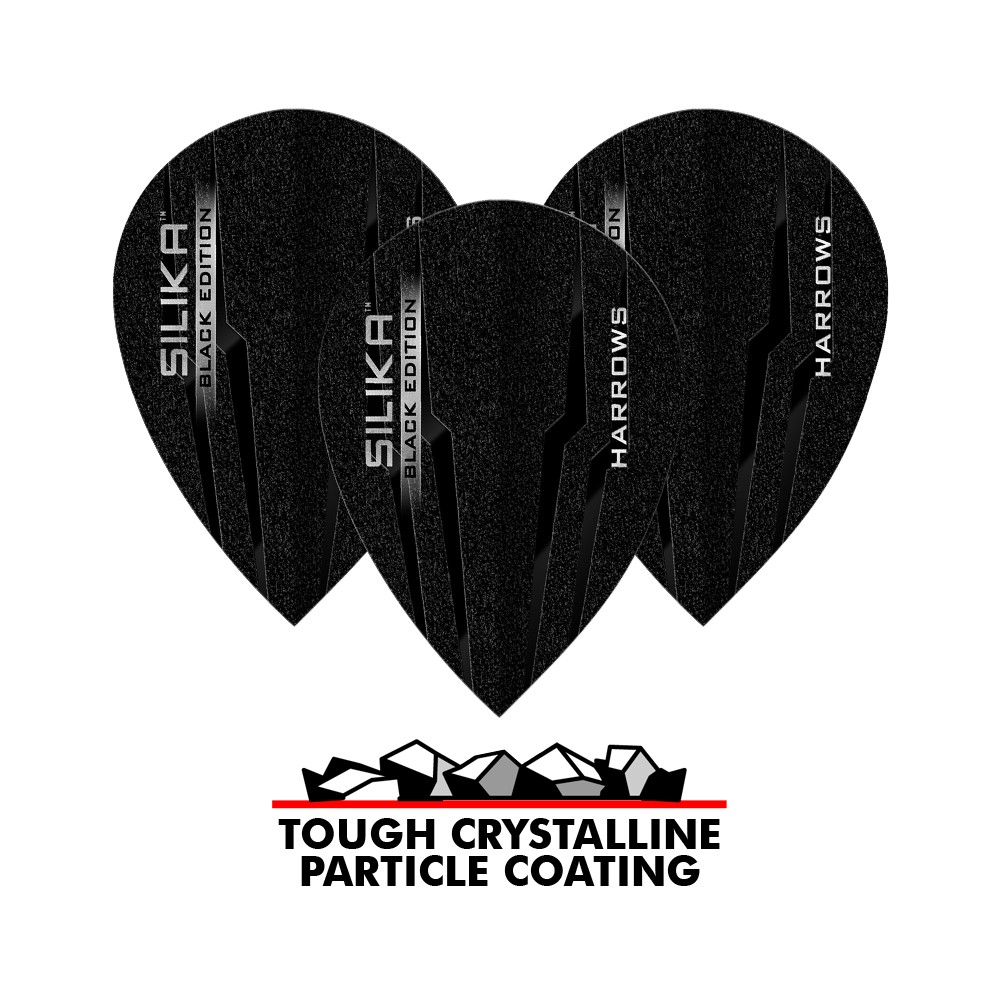 Harrows Silika Black-Edition Pear Flights Das Bild zeigt die Harrows Silika Black-Edition Pear Flights, die in Schwarz mit silberner Beschriftung gestaltet sind. Unten im Bild steht „TOUGH CRYSTALLINE PARTICLE COATING“, was auf eine widerstandsfähige, kristalline Beschichtung hinweist.