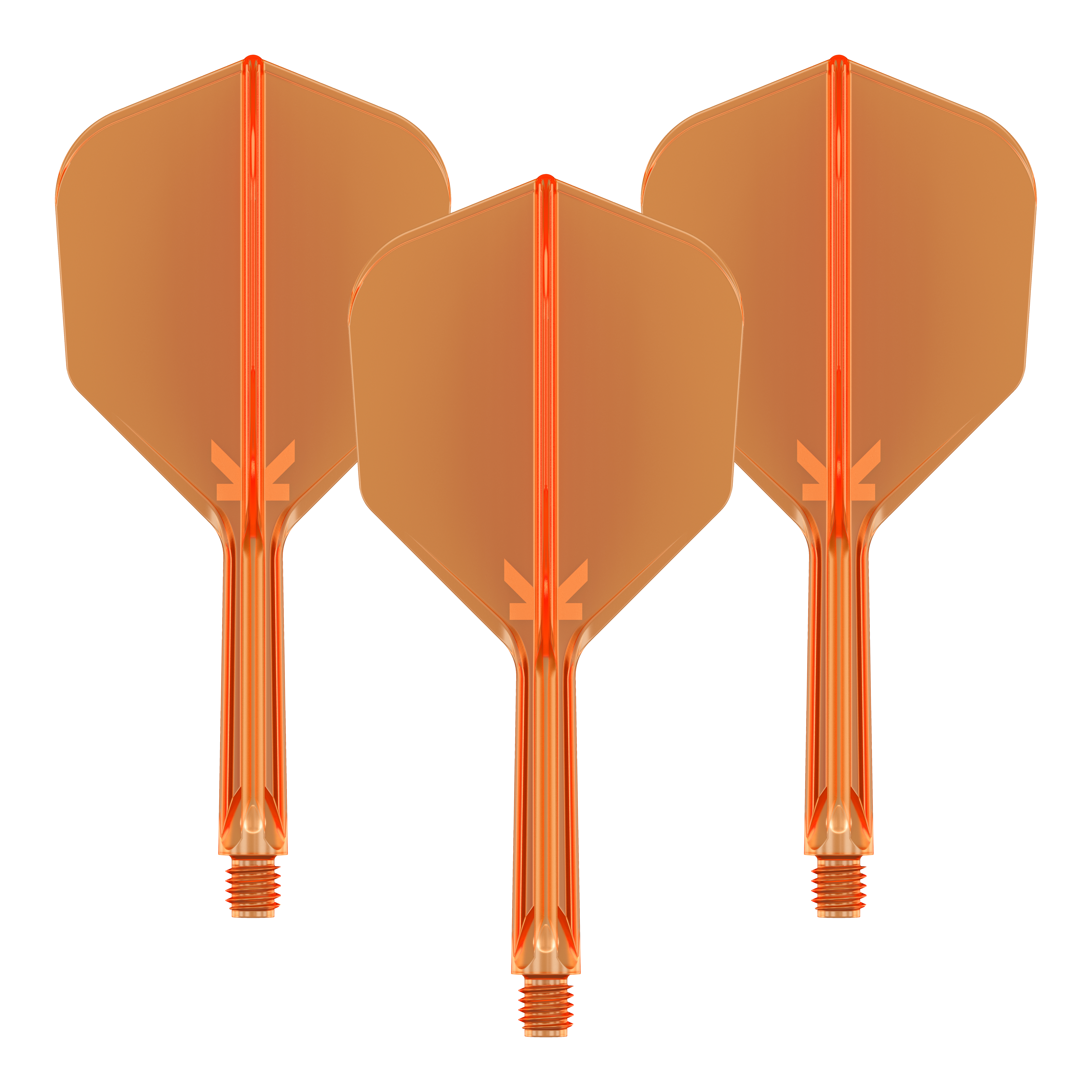 Das Bild zeigt drei orangefarbene Dartflights mit integriertem Schaft. Sie sind nebeneinander angeordnet und bestehen aus durchsichtigem Kunststoff.