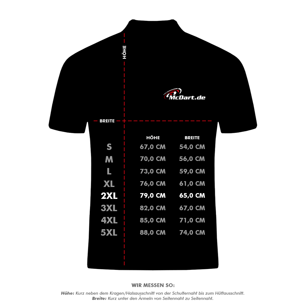 HRS-26036Harrows_Paragon_Dartshirts_5_XXLNrLdE3JlL3r1O Das Bild zeigt eine Größentabelle für das Harrows Paragon Dartshirt in Grün. Die Tabelle enthält die Maße in Höhe und Breite für die Größen S bis 5XL.