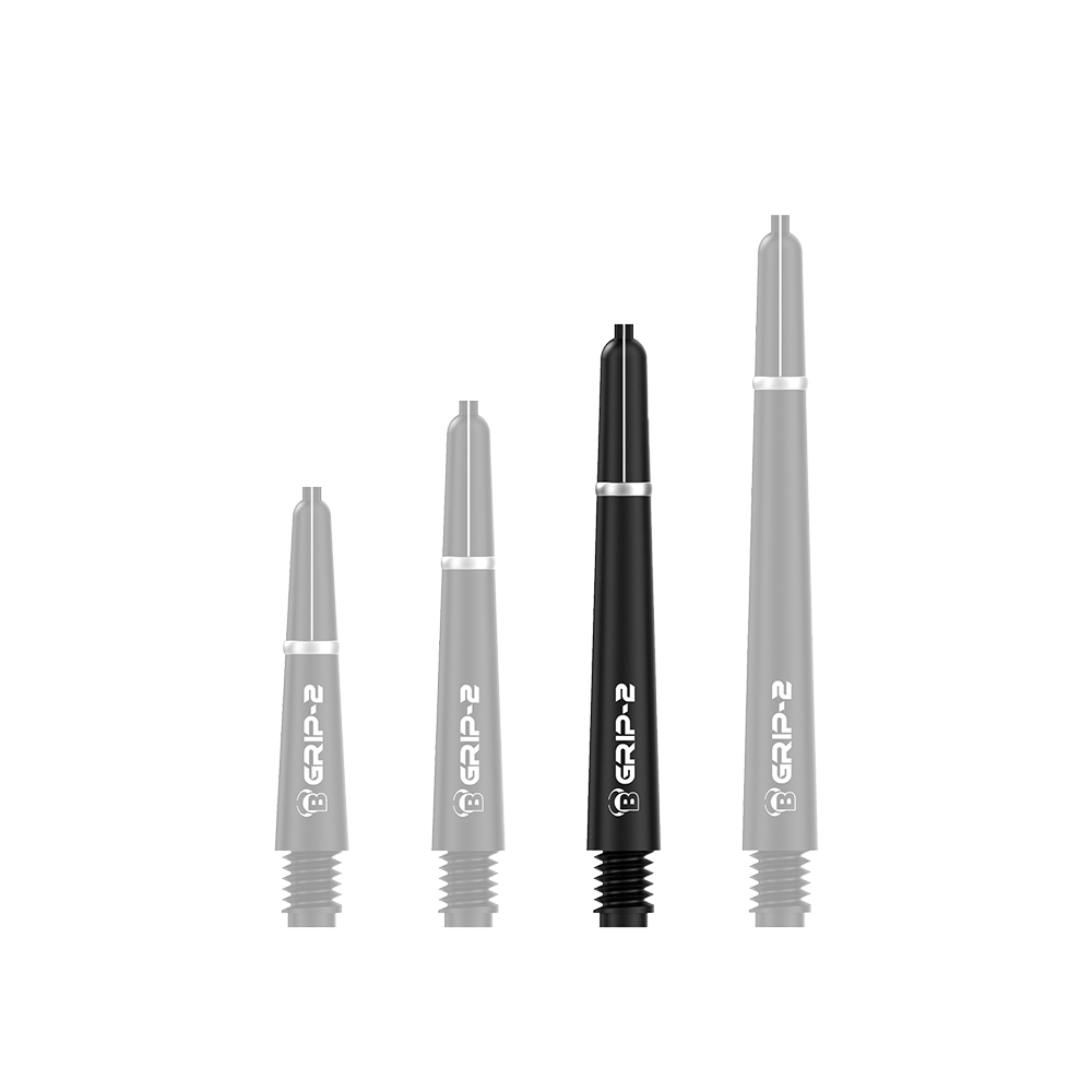 BS55061_Bulls_B-Grip-2_SL_Shafts_Schwarz_41mm_13y4LOTm7cNoKI Das Bild zeigt vier schwarze Bulls B-Grip-2 SL Shafts in unterschiedlichen Längen. Sie sind nebeneinander aufgereiht und haben jeweils einen weißen Schriftzug.