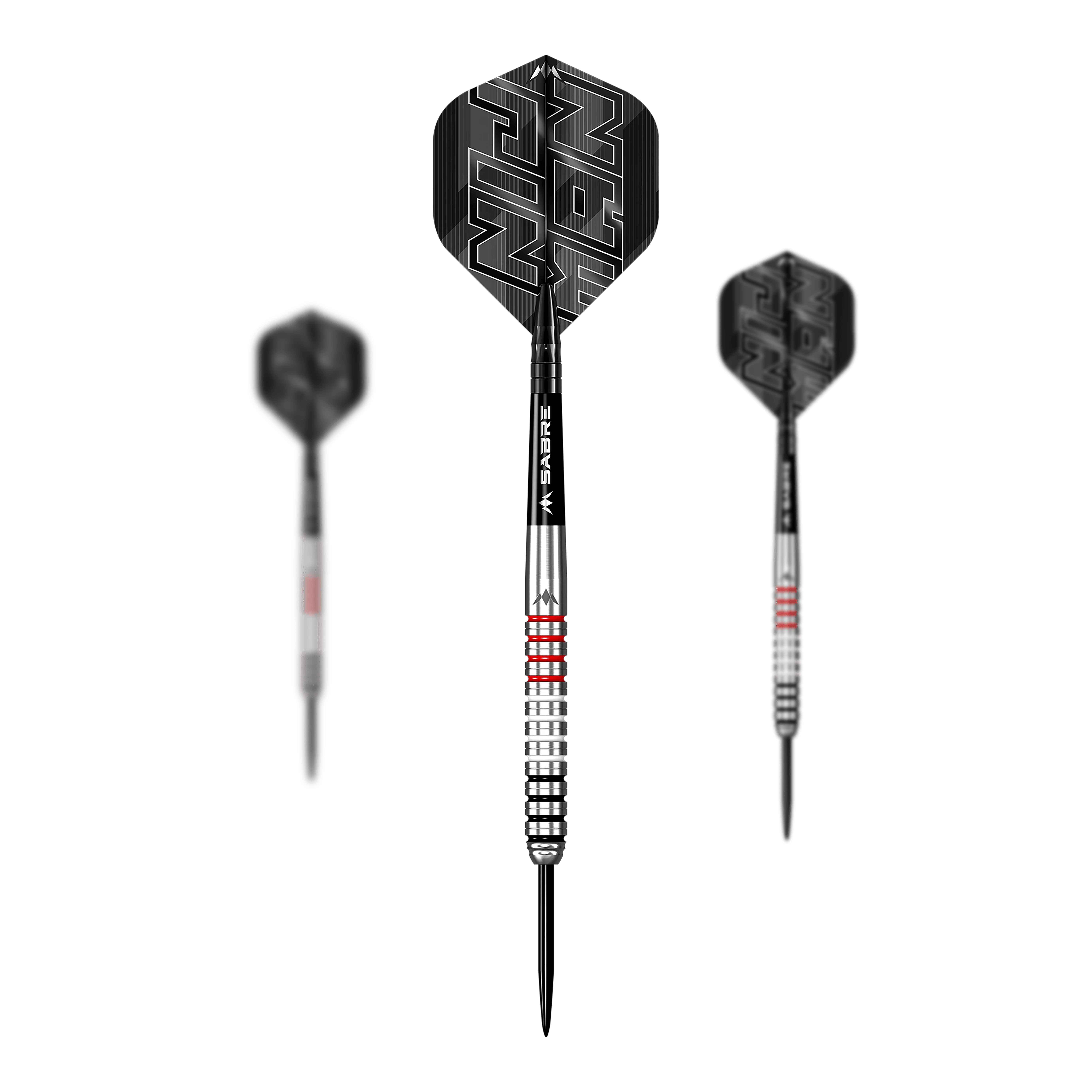 Mission Wessel Nijman Steeldarts - 23g Das Bild zeigt drei Steeldarts des Produkts "Mission Wessel Nijman Steeldarts - 23g". Die Darts haben silberne Spitzen mit schwarzen und roten Akzenten sowie schwarze Flights mit weißem Schriftzug.